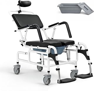 Eosprim Reclining Shower Chair with Wheels, Shower Wheelchair for Elderly and Disabled, Rolling Shower Chair with Commode, Bariatric Bathroom Wheelchair for Shower Use