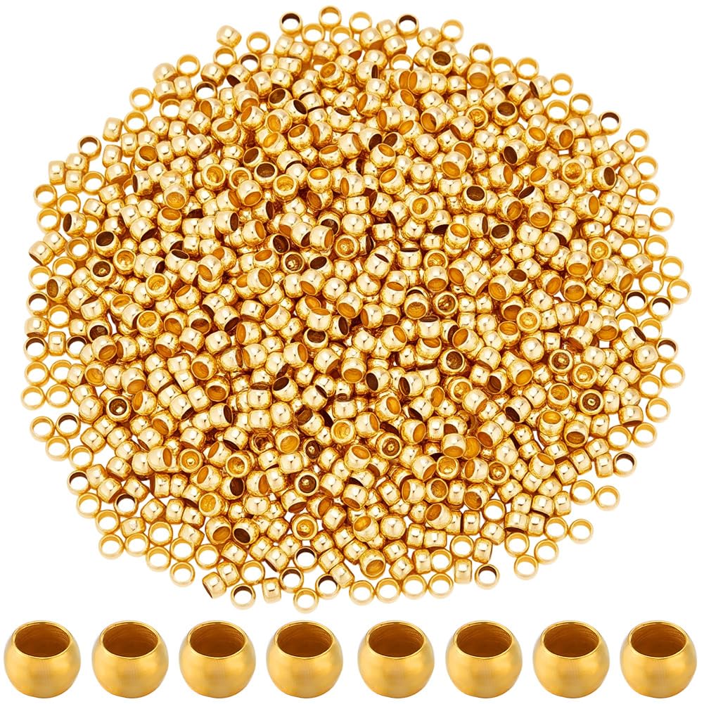 SOFPLATE 1 Box 2000Pcs 3mm Crimp Beads Gold Round Crimp Beads Metal Spacer Stopper Clamp Ends Rondelle Crimper Cord End Caps for Jewellery Making Supplies Crimping Spacers DIY Bracelet Earring Crafts