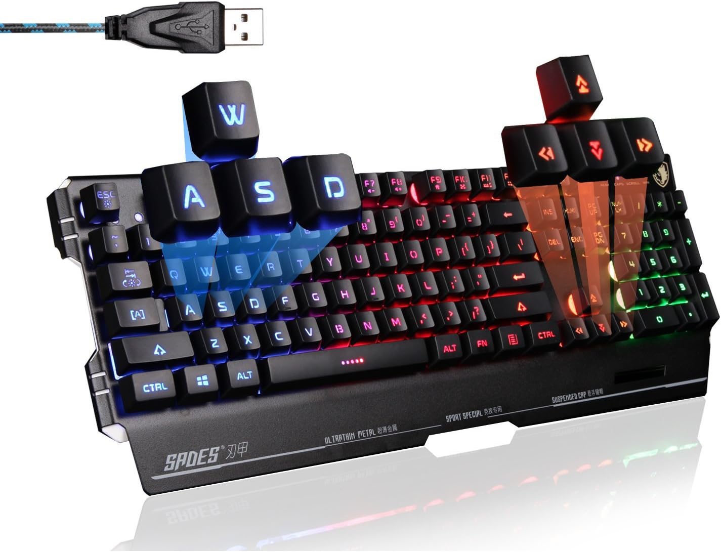 SADES K8 Blademail Wired USB Gaming Keyboards for Pc/Mac gamers, 19 non-conflict keys, 7 colors Backlit, Metal Material (Black) by Smart@Purchase Shop