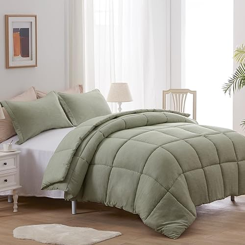 Miniatura 2 de NexHome Juego de edredón Queen de 3 piezas, 100% microfibra lavada suave, ligero, edredón de ropa de cama de teñido catiónico verde con 2 fundas de