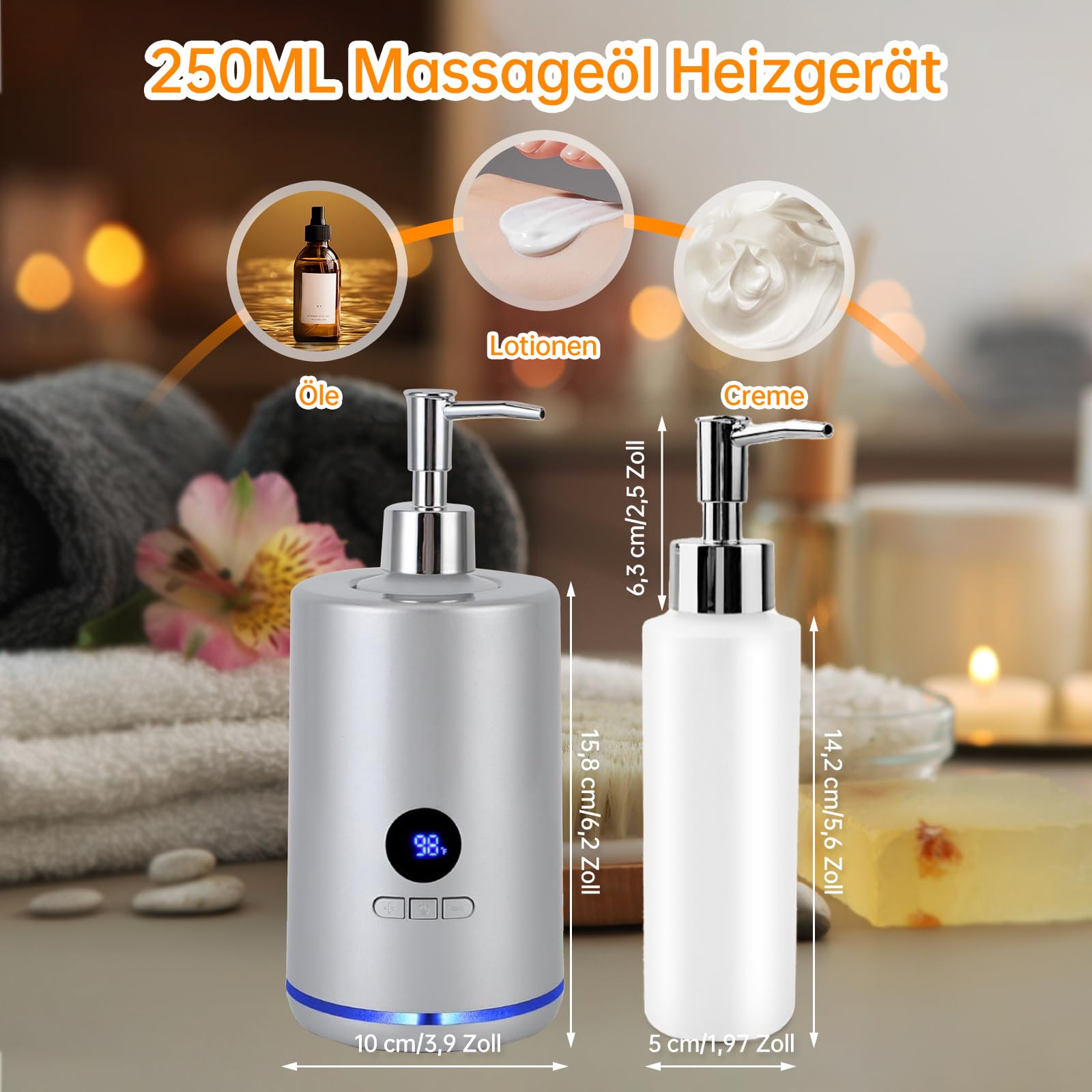 Chauffe Huile De Massage, 250 Ml électrique Chauffe Huile Pour Massage Avec 2 Bouteilles, Réchauffeur D'huile De Massage Température Réglable Chauffe Huile Pour Spa Salon Et Usage Domestique (Argenté)