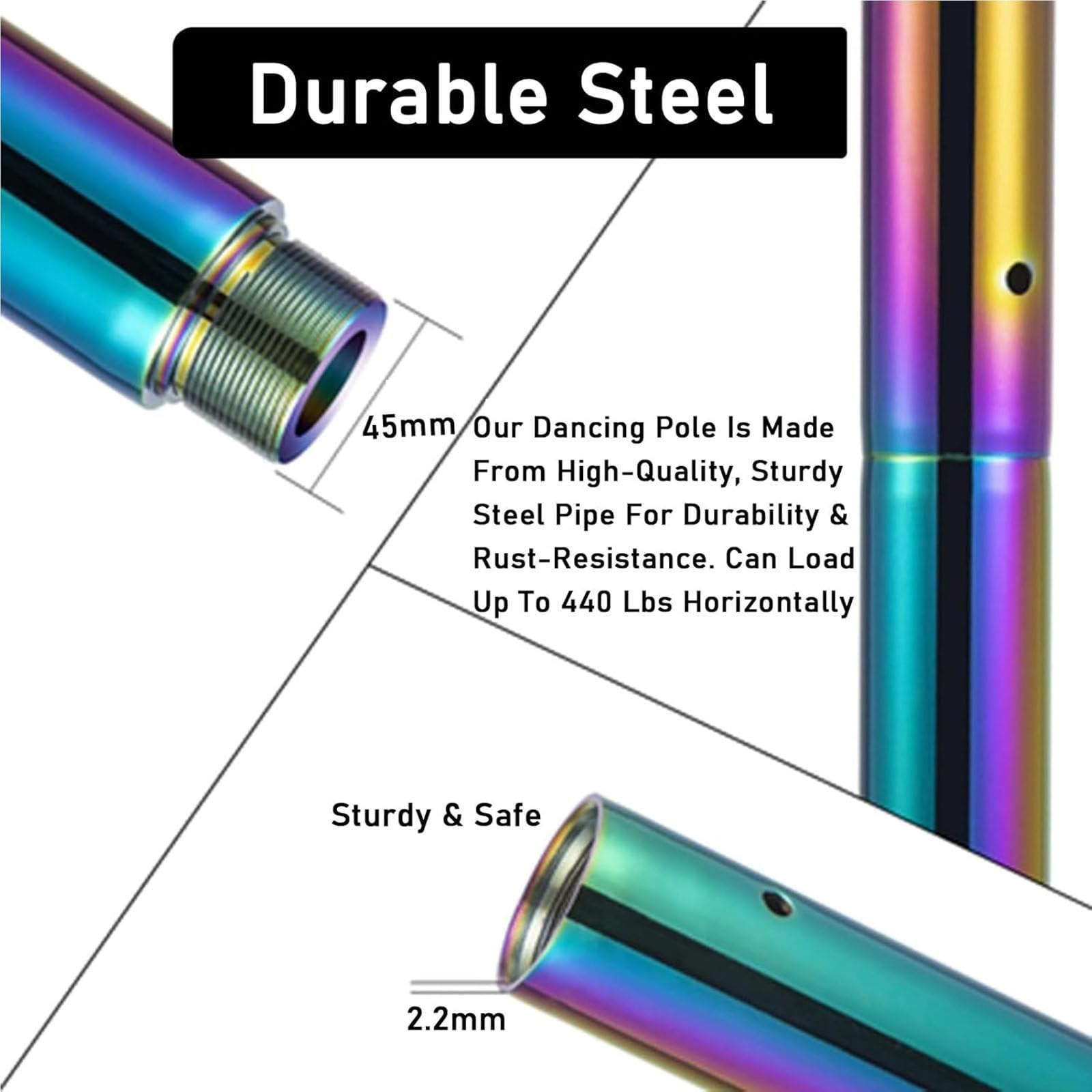 Pole Dance Pole, Palo da Ballo Professionale, Asta da Pole Dance da 45 mm con modalità Statica e Rotante, Regolabile da 2,23 a 2,74 m, Adatta per Palestre, Feste,Colorful