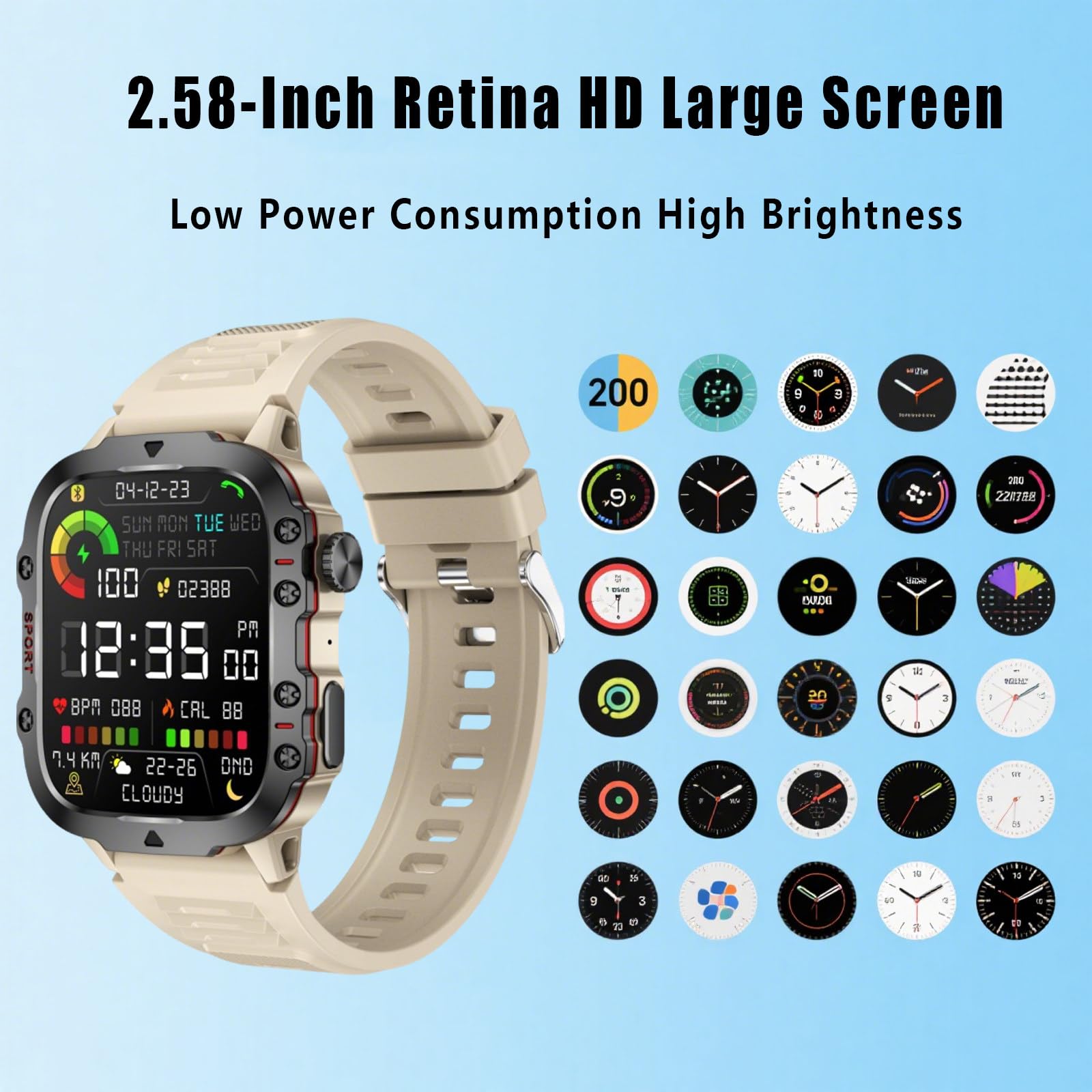 2 szt. inteligentny 2,58" HD Touch Smartwatch dla mężczyzn i kobiet, wodoodporny do sportów na świeżym powietrzu ze 100 trybami sportowymi monitor tętna,Beige