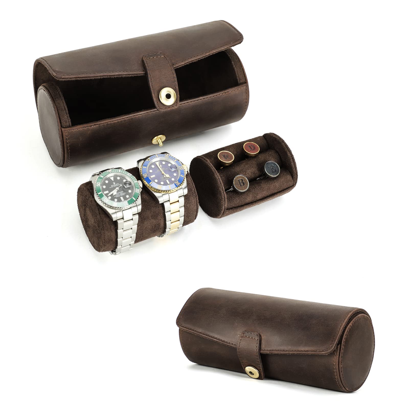 HVMBEUGOS Hiram Watch Travel Case Portable Genuine Leather Organizer for Watches and Cufflinks Multifunctional Watches Cuff links Storage Case for Traveling