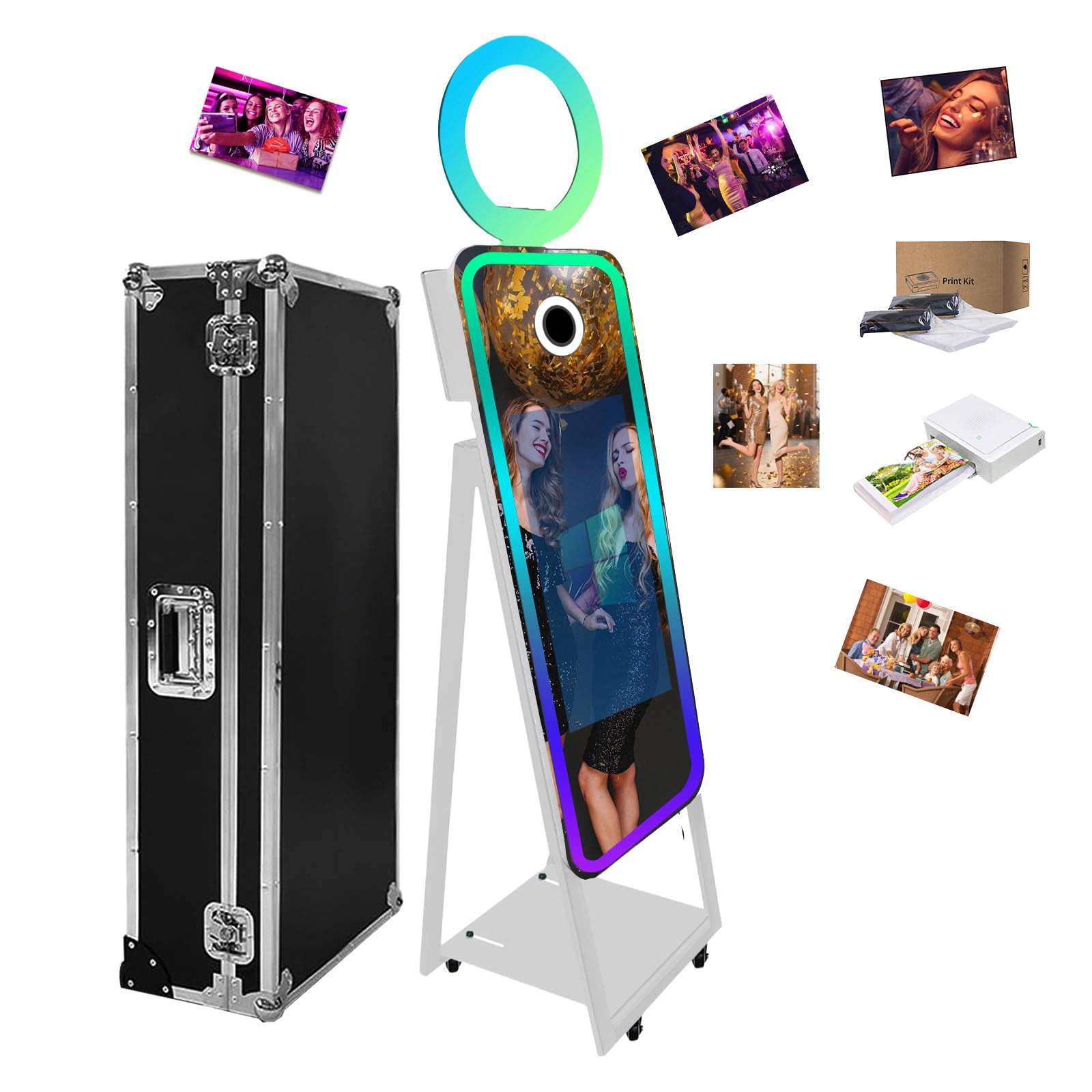Mirror Photo Booth with 21.5 Inch LCD Touch Screen Portable Magic Mirror Shell Stand Selfie Photo Booth for Wedding Party Event Rental (White, 40 inch+Mini Printer)