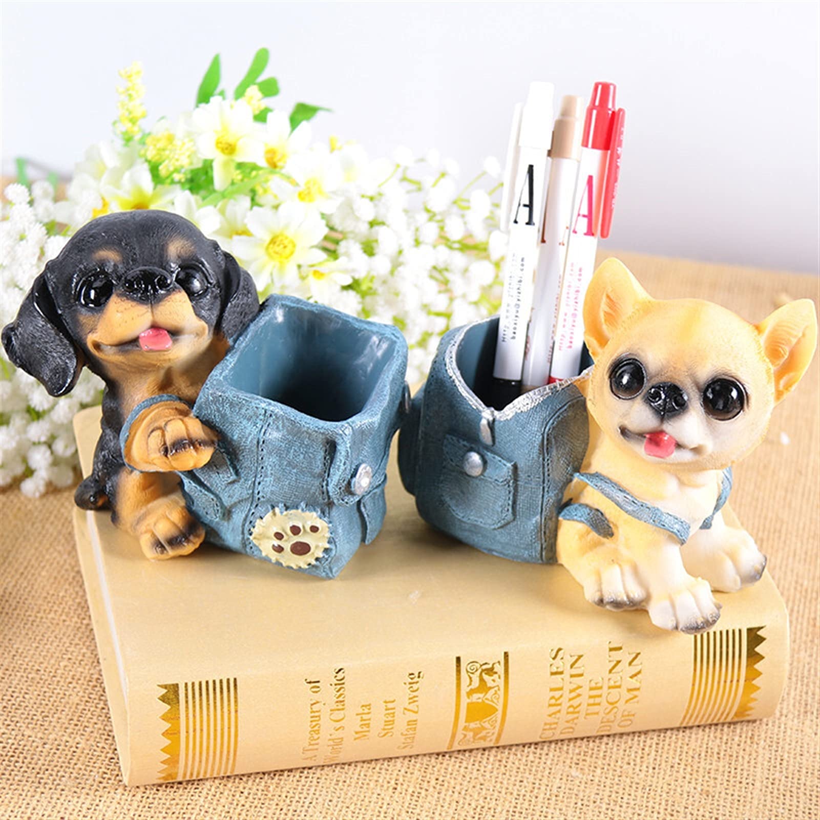 Pojemniki na ołówki Śliczny Puppy Pen właściciel dla dzieci Zwierzęta Pies Żywica Szczotka Ołówek Stojak Uczeń Biurko Organizator Office Papiernicze Uchwyt Dostawy (Color : A)