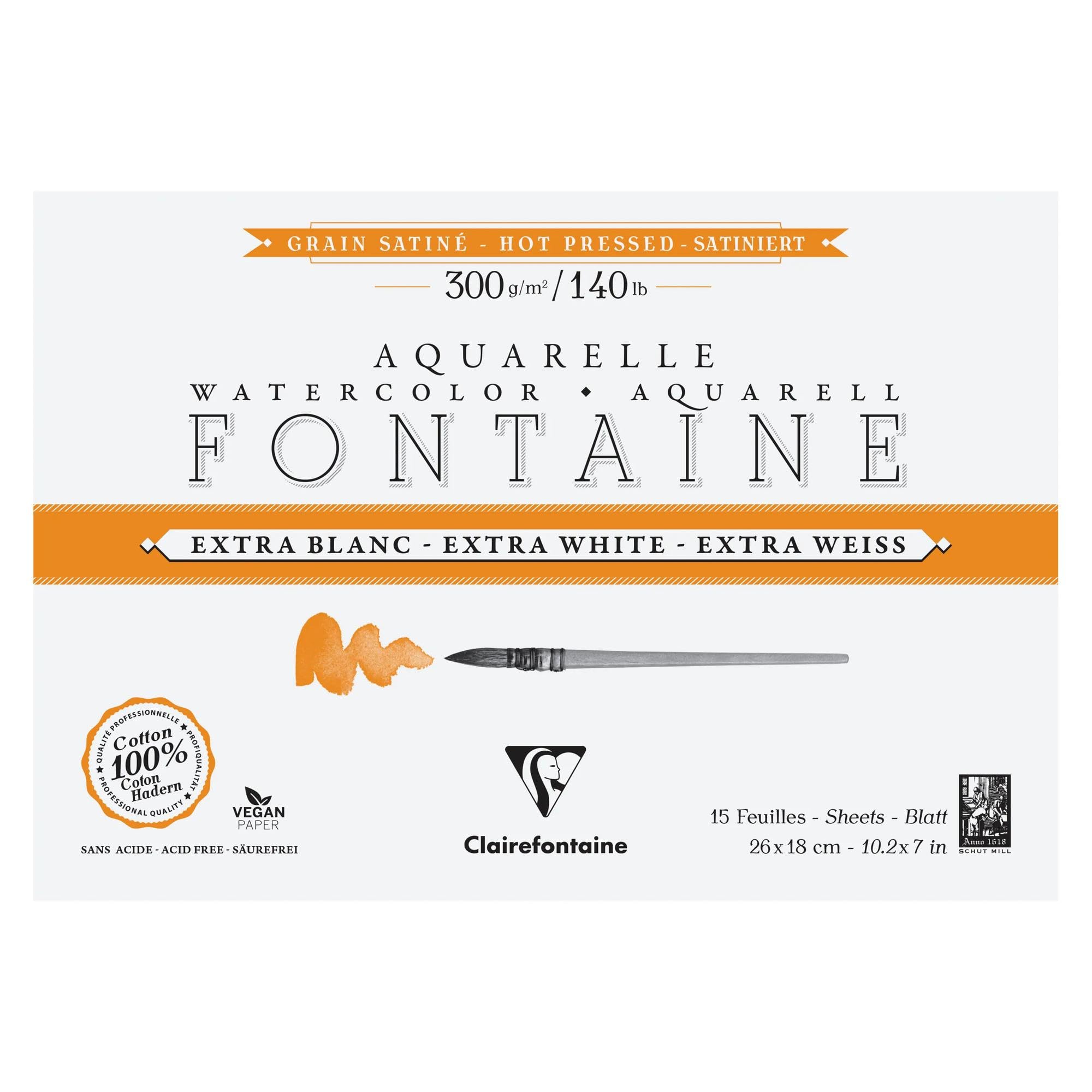 Clairefontaine 976019C Fontaine Extra White 4-Sided Glued Pad - 15 Sheets of Extra White 100% Cotton Satin Grain Watercolour Paper - Professional 26x18cm 300g