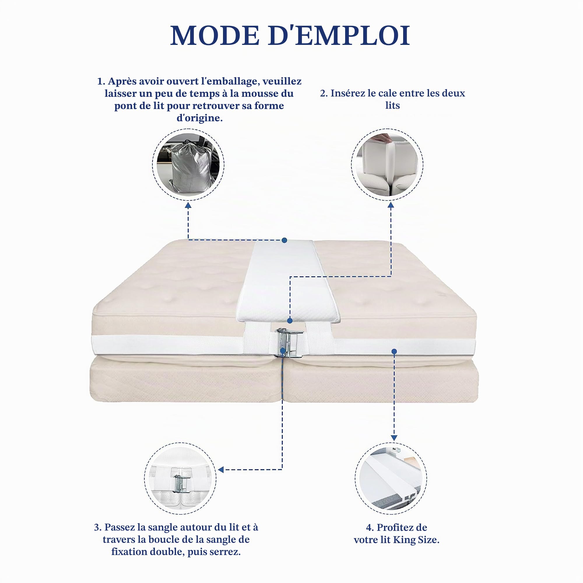 Pont d'amour pour matelas avec sangle de serrage de 200 x 25 cm, remplissage d'espace pour matelas et remplisseur d'espace de visiteur, cale de matelas – Relie deux matelas simples en un matelas