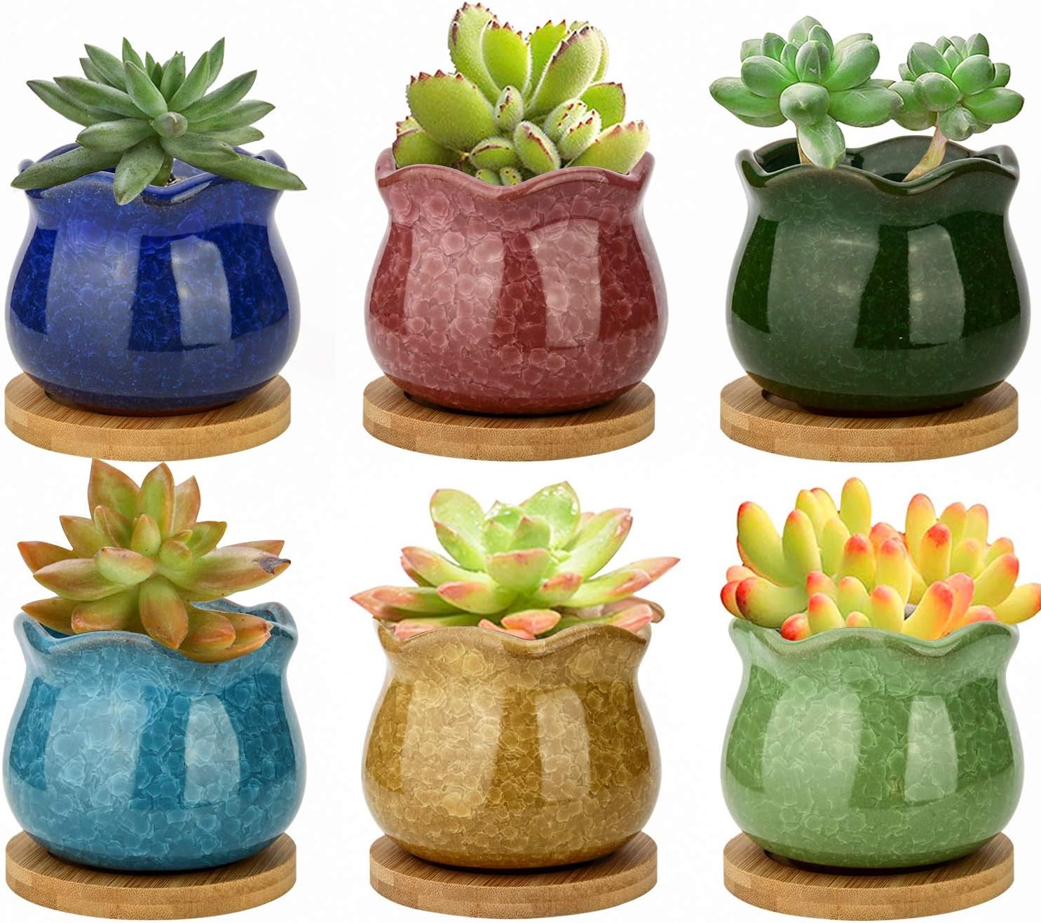 Succulent Pots, ZOUTOG 4 inch Ceramic Ice Crack Flower Planters, Colorful Pot with Bamboo Trays, Pack of 6 (Plants Not Included)