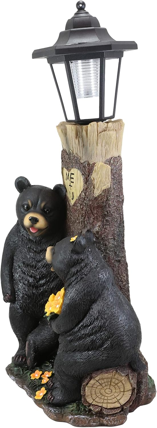 Ebros Love is in The Air Me + U Rustic Forest Black Bear Couple Courtship Dating Outpost Statue with Solar LED Light Lantern Path Lighter As Garden Decorative Sculpture of Bears Valentines Accent