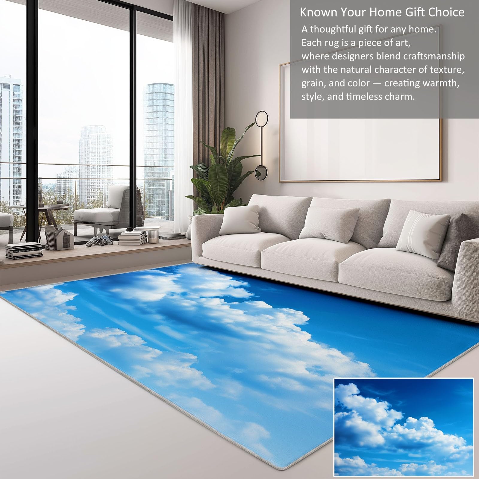 Zmywalny dywanik 140 x 200 cm do pokoju dziecięcego, letnie, błękitne niebo, białe chmury, antypoślizgowy dywan do sypialni, krajobrazu, niski runo, dywan do salonu, jadalni, biura, pokoju gier