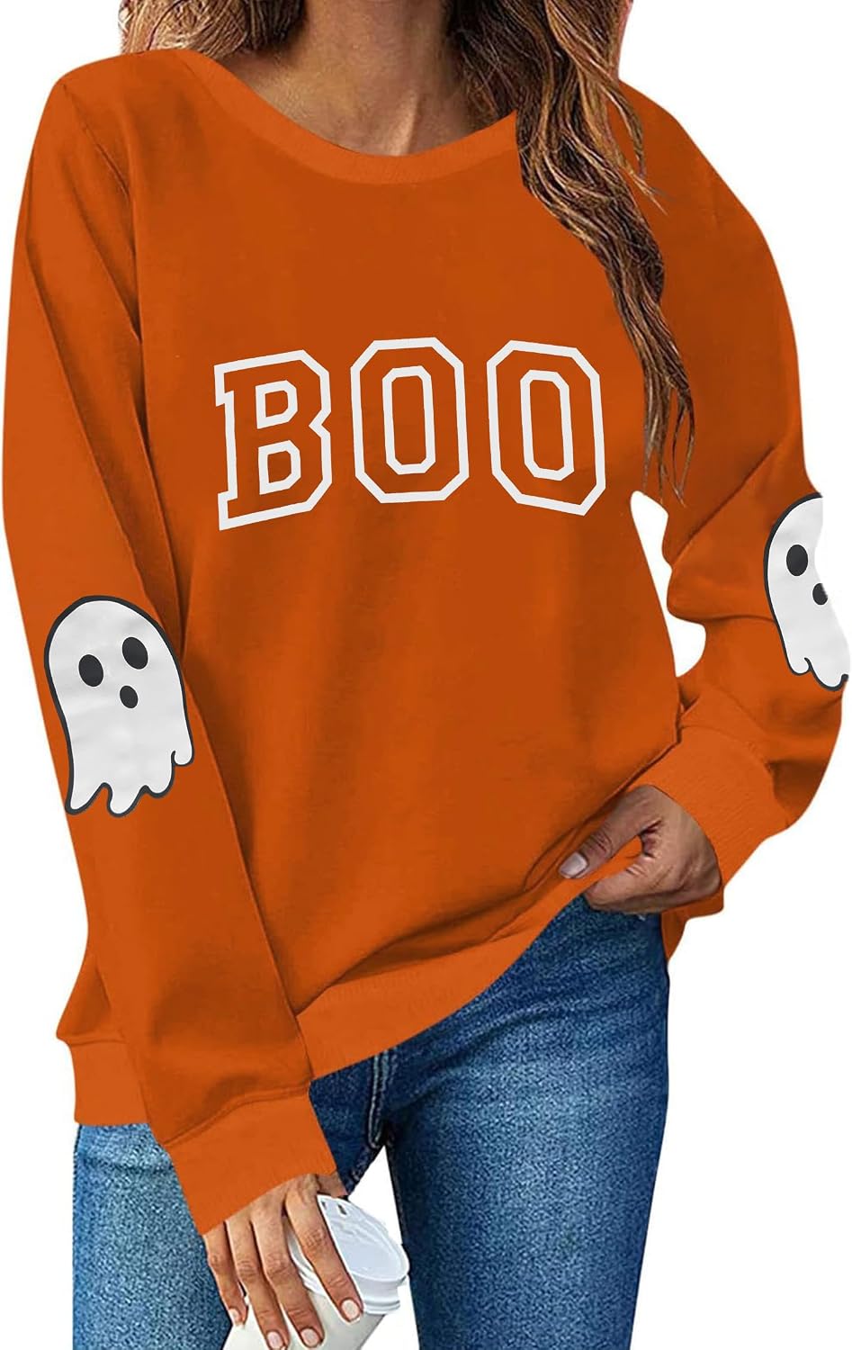 Halloween Sweatshirt for Women Boo Graphic Long Sleeve Shirt Crew Neck Ghost Fall Pullover Tops