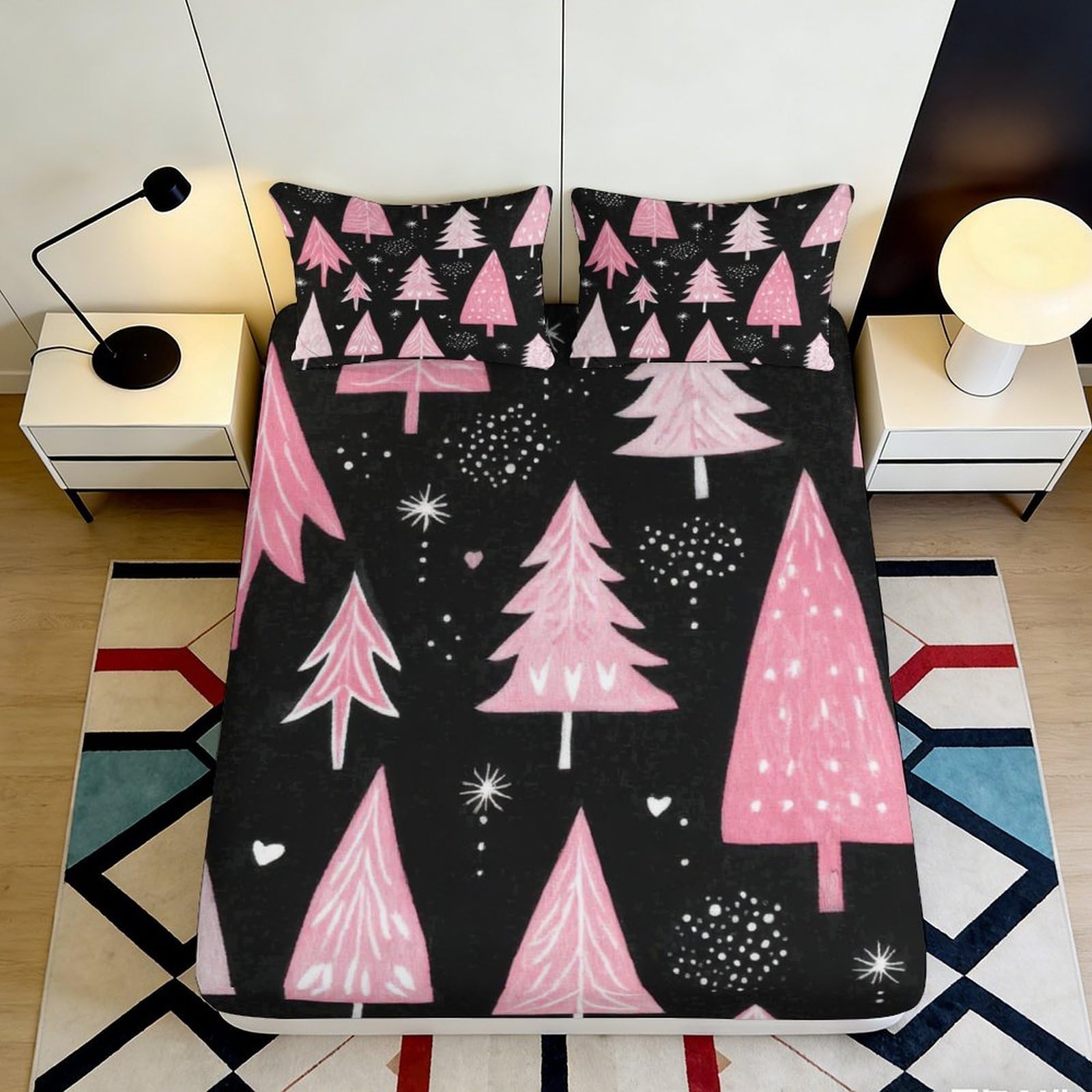 Rqzkjxnhpf Style-2 3D Printed Christmas Tree Fitted Sheet Microfiber Non-Slip Deep Pocket Christmas Tree Mattress Fitted Cover For Bedroom Home 200X200x25cm 90X200x25cm