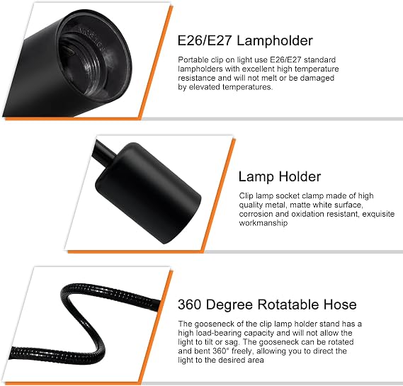 Clip on Light Bulb Holder with 240CM Cable, 10MM Thick Adjustable Gooseneck, E27 Lamp Holder with Switch, Clip on Lamp for Bed, Flexible Clamp Lamp, Clip Light for Desk Reading, Black [Energy Class F]