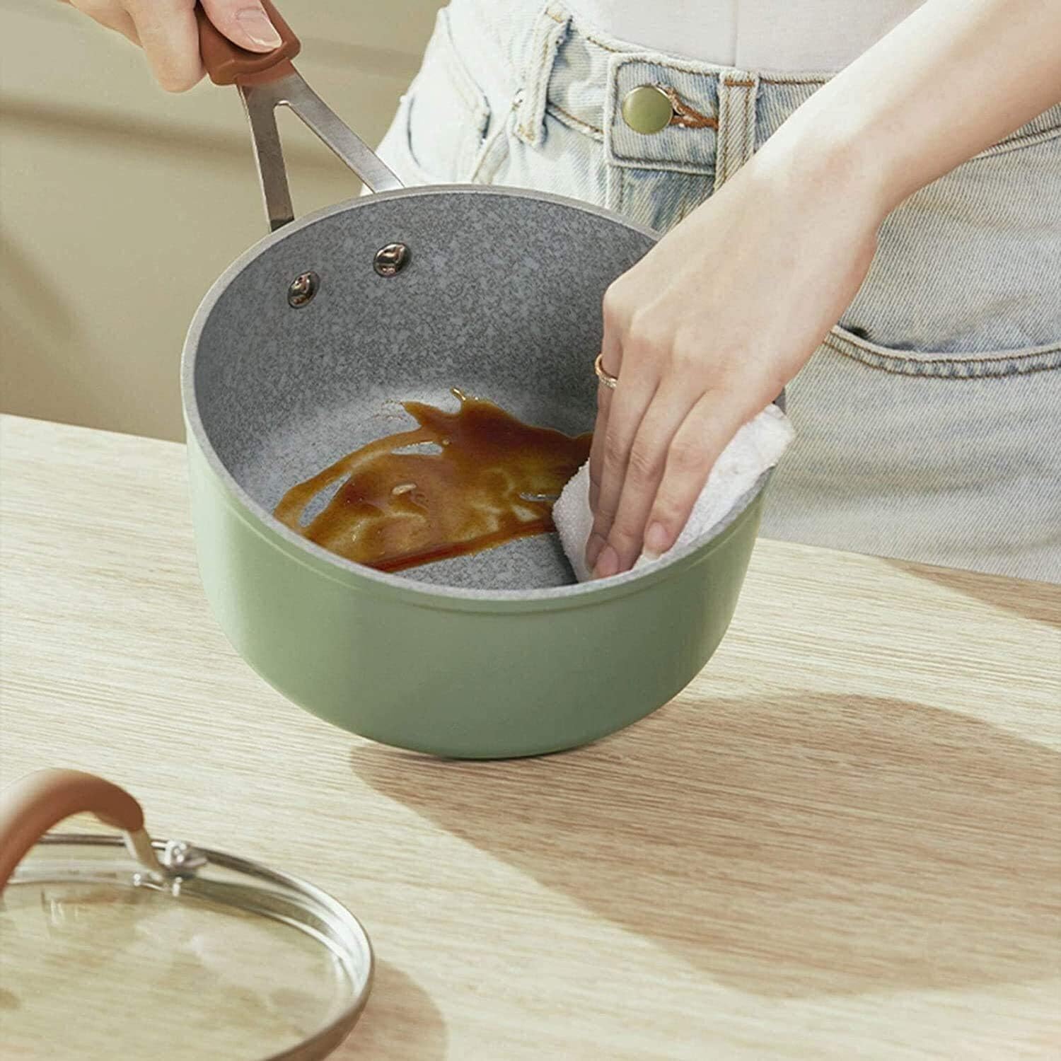 Cacerola de leche,cacerola pequeña, Cacerola de leche pequeña antiadherente de aluminio con tapa Mango de silicona en forma de Y Universal for cocina de inducción Verde (Tamaño: 16 cm) (Tamaño: 18 cm)
