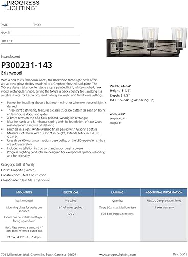 Miniatura 27 de Progress Lighting Briarwood Collection - Lámpara de tocador de baño de cristal transparente con 3 luces, grafito, color negro