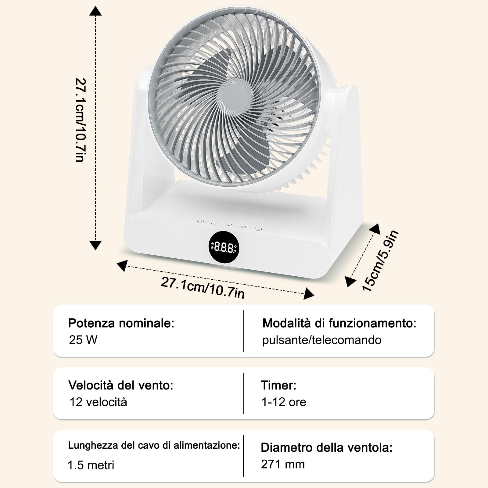 GuKKK Ventilatore da Tavolo Ultra-Silenzioso, Ventilatore di Circolazione Dell'aria, Ventilatori Desktop Portatile con Telecomando, 12 Velocità Regolabili, Timer 12H, 90° Inclinazione Regolabile