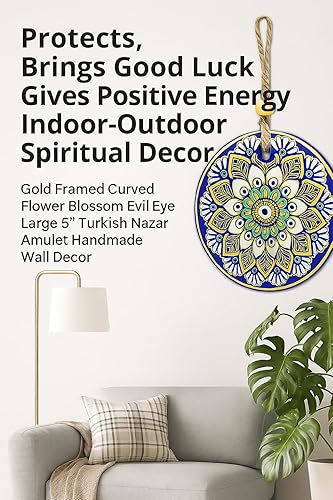 Miniatura 4 de Macroria Amuleto turco de nazar grande con marco dorado de 5 pulgadas, diseño de flor curva, diseño de ojo malvado, decoración de pared hecha a