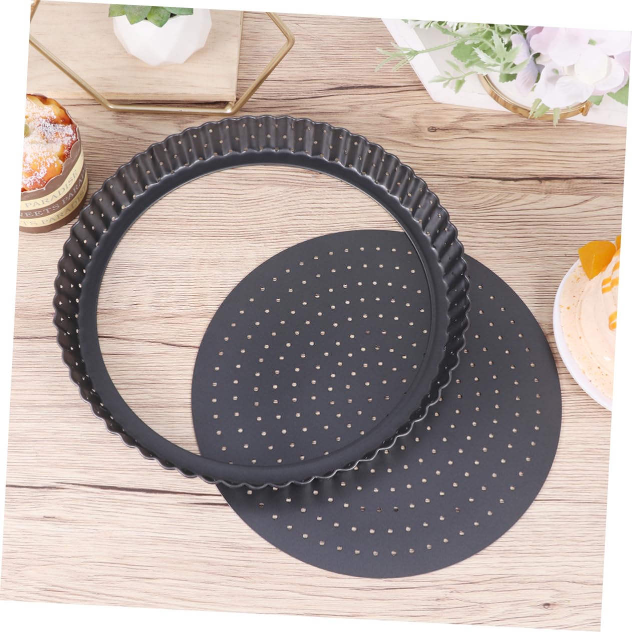 ABOOFAN Large 9inch Pizza Tart Pan Non-stick Baking Tray Holes Carbon Steel Removable Bottom for Cheesecake Quiche