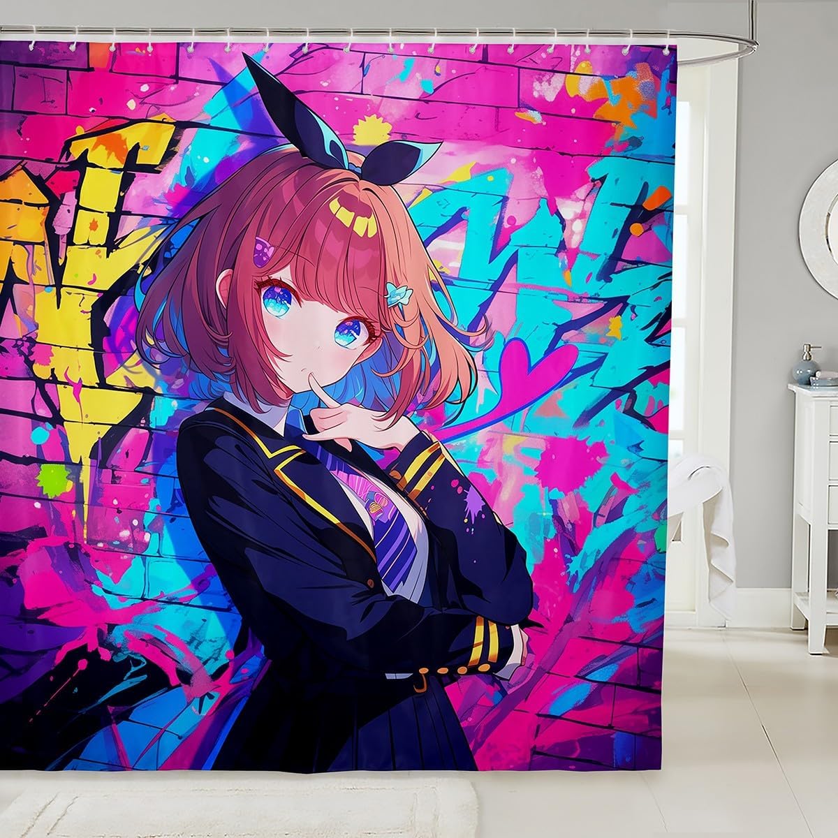 Erosebridal Girls Japanese Anime Fabric Shower Curtains, Kawaii Anime Girl Bath Curtain Cartoon Girl Shower Curtain for Kids Teens Adult, Japanese Animation Sci Fi Bathroom Accessories, 72" W X 78" L