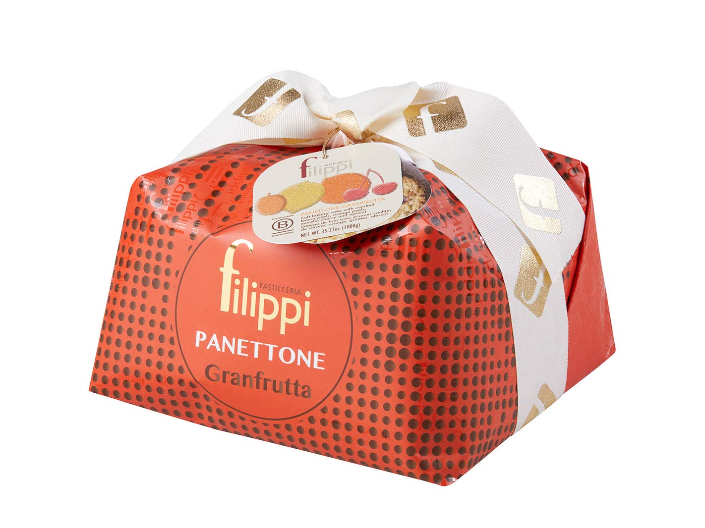 Filippi. Panettone Gran Frutta with candied Orange and Lemon in stripes, Apricots and Black Cherries. 1Kg (2.2lb)