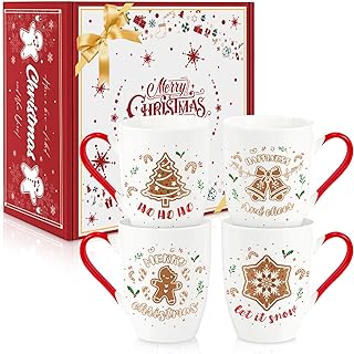 Christmas Coffee Mug Set of 4, 12 oz Gingerbread Man Coffee Mug with Han...