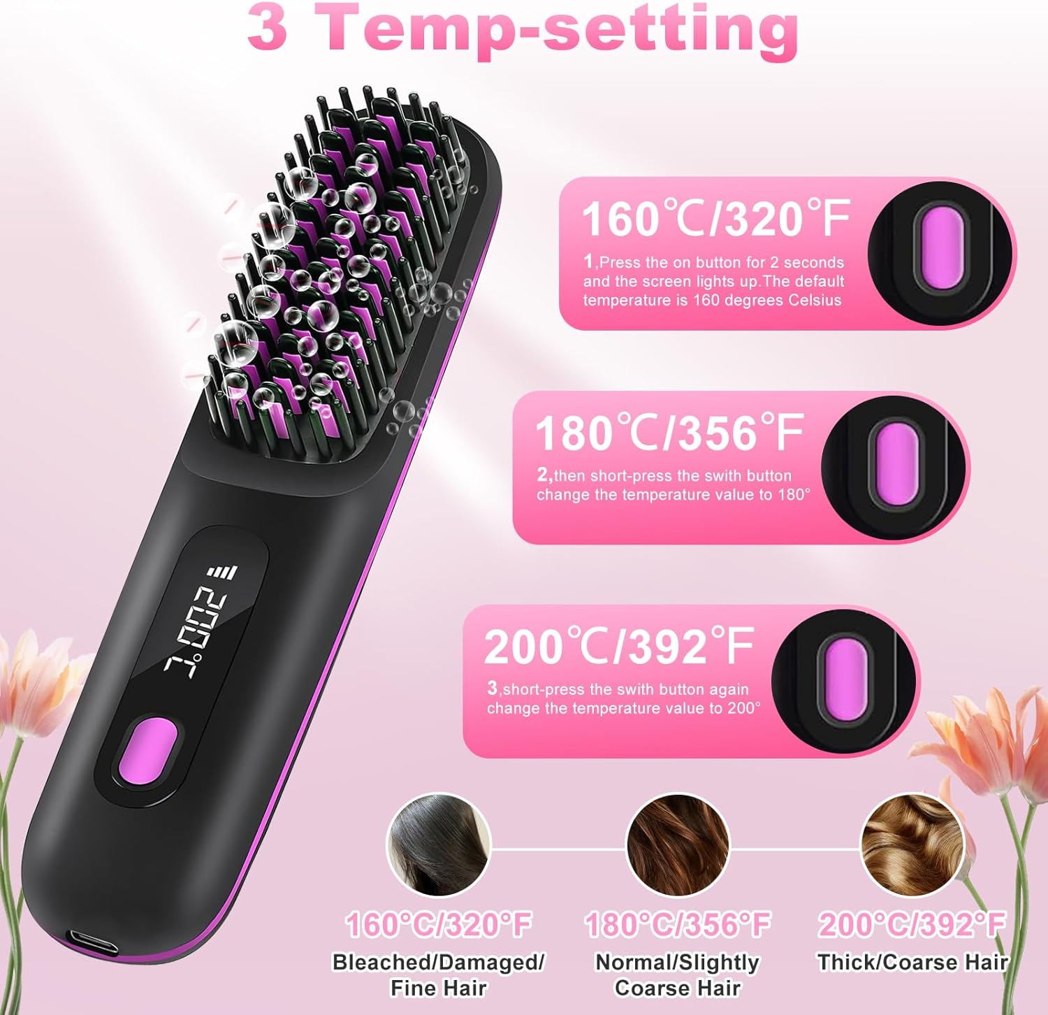 Cordless Hair Straightener Brush, Rechargeable Hot Comb Hair Straightener with 3 Temp Settings, Anti-Scald Portable Hair Straightening Brush with 300 Million Negative Ions for Home Travel - Image 2