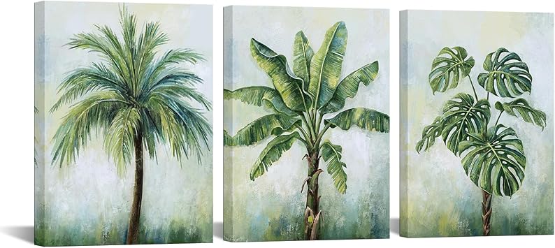 KREATIVE ARTS Tropical Plant Wall Art Set of 3 12x16 Inch Palm Banana Leaf Monstera Canvas Prints Green Botanical Artwork for Bedroom Bathroom Kitchen Office Decor Ready to Hang