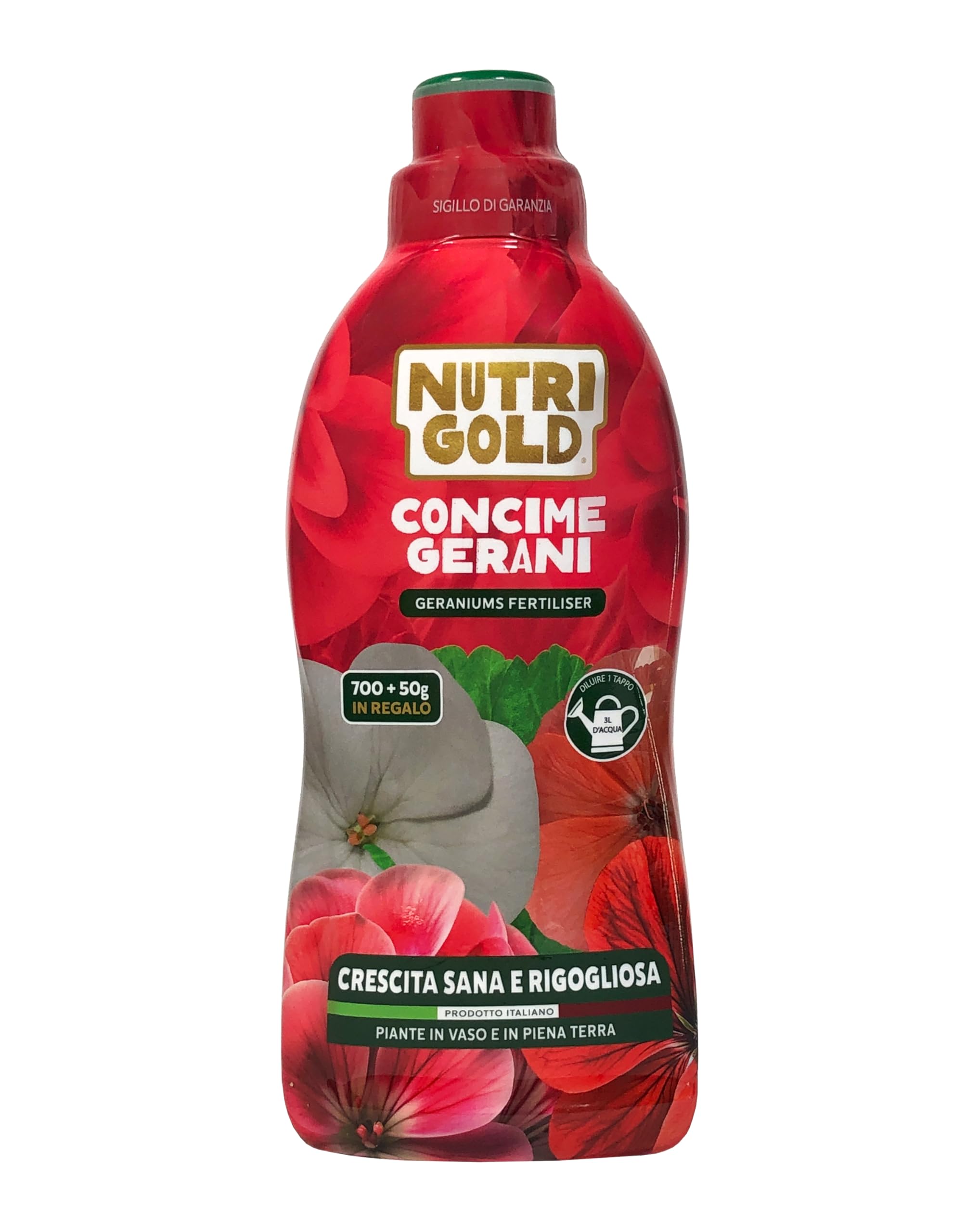 NutriGold® concime Gerani | Fertilizzante Specifico per Gerani in Vaso o Giardino - Stimola Fioriture Abbondanti e Colori Brillanti - Nutrienti Selezionati a Km0 - Formato Liquido 700g + 50g Omaggio