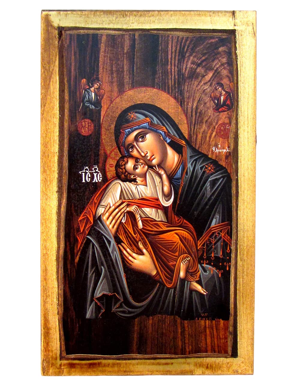 Icône en Bois Fait Main, Chrétienne orthodoxe Grecque, Representant Jésus Christ et la Vierge Marie / H2