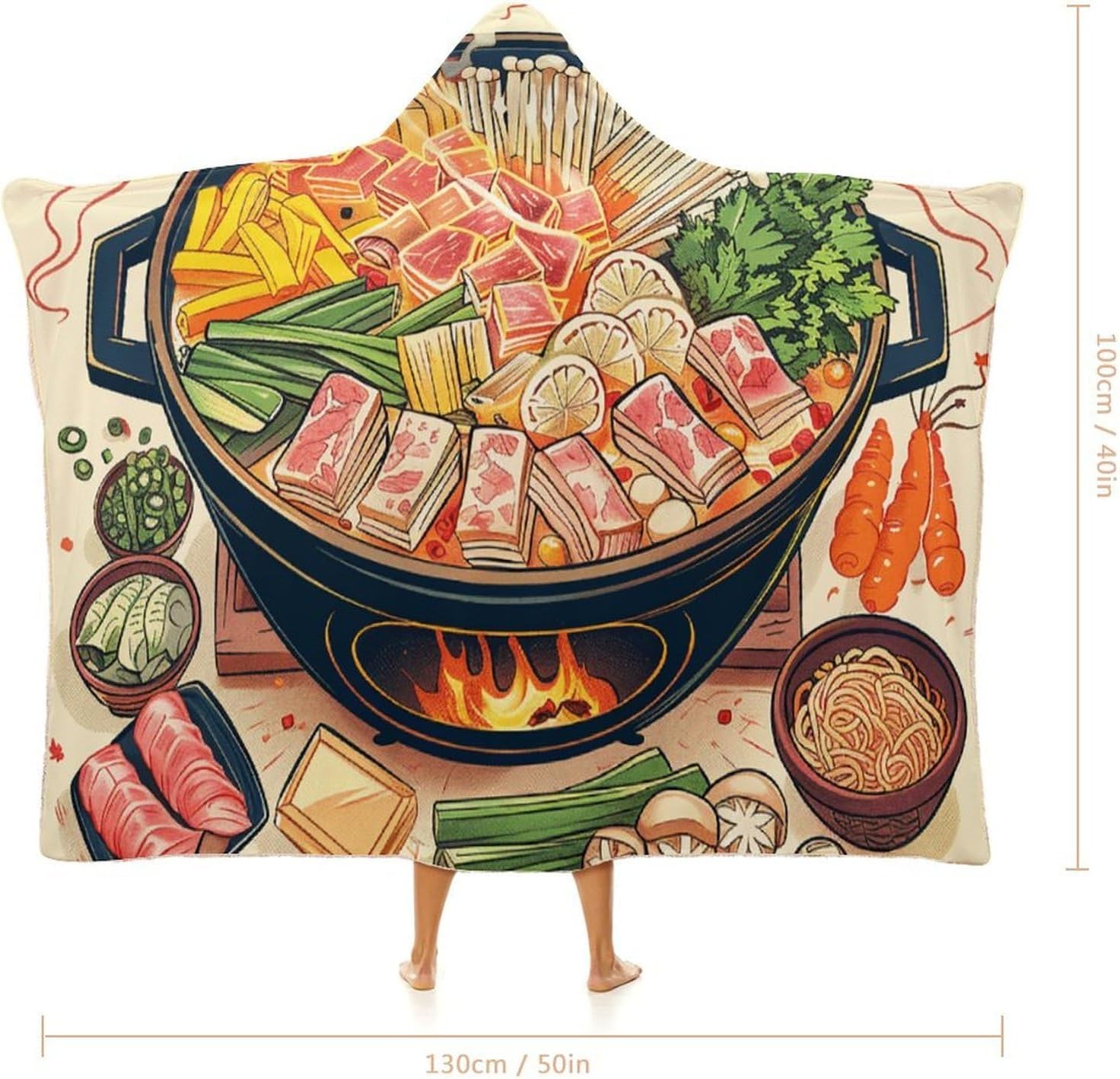 Hot Pot Cartoon Wearable Fleece Blanket with Hood for Men & Women Oversized Hoodie Blanket Soft Cozy Gift-