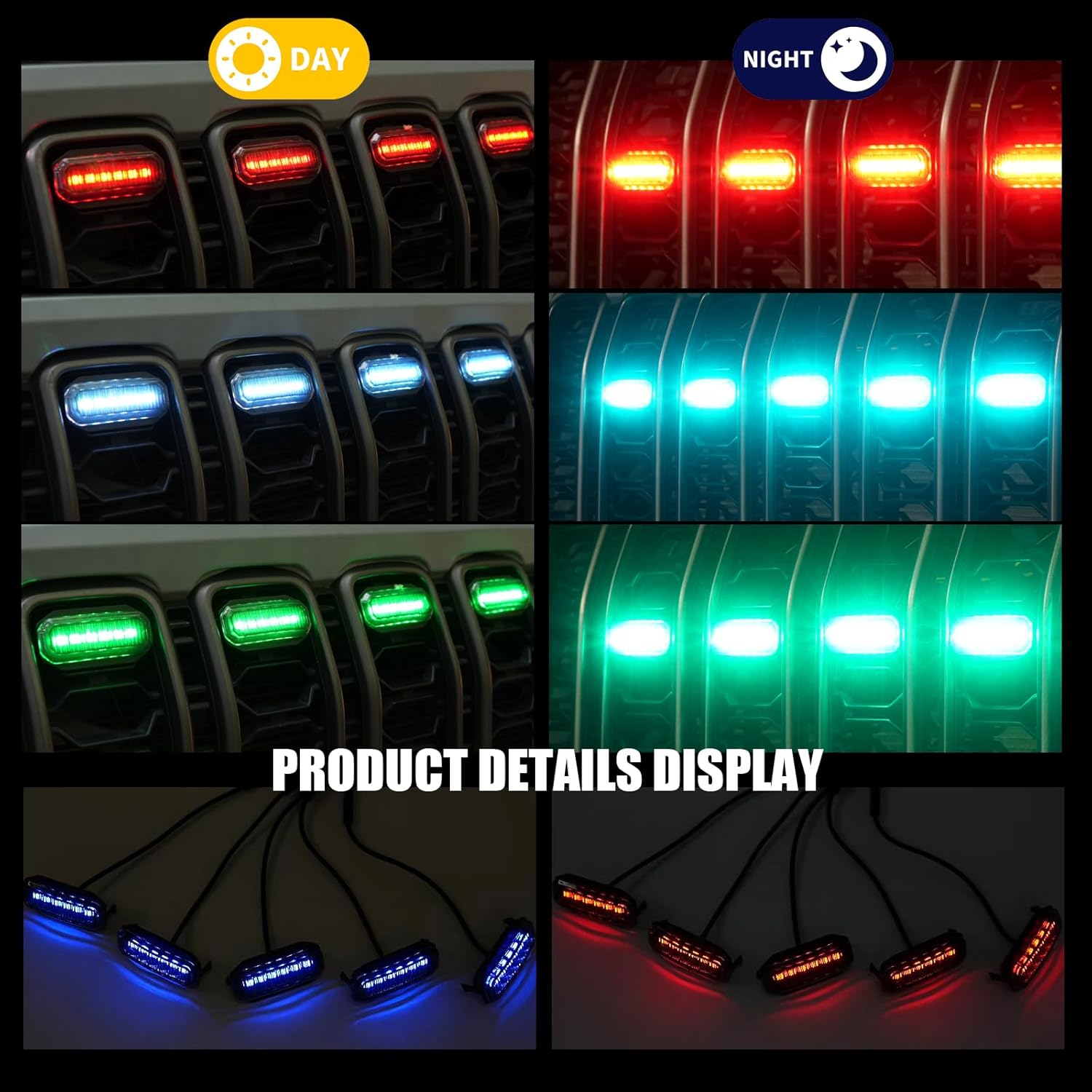 RGB LED Grille Lights Compatible with 2024 2025 Jeep Wrangler JL JLU Gladiator JT, 5PCS Color-Changing Front Grill Lights, APP Control, Music Sync, IP68 Waterproof, Easy Plug & Play Install