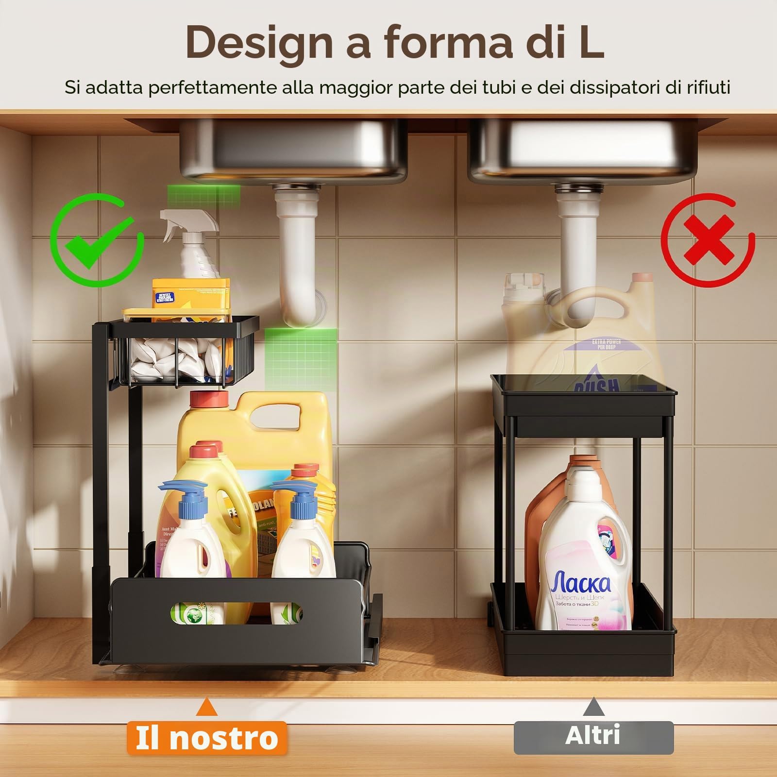 Confezione da 2 organizer da cucina sotto il lavello, 2 ripiani regolabili in altezza, in metallo, estraibile, per cucina e bagno, con ganci e tazza per appendere i prodotti per la pulizia