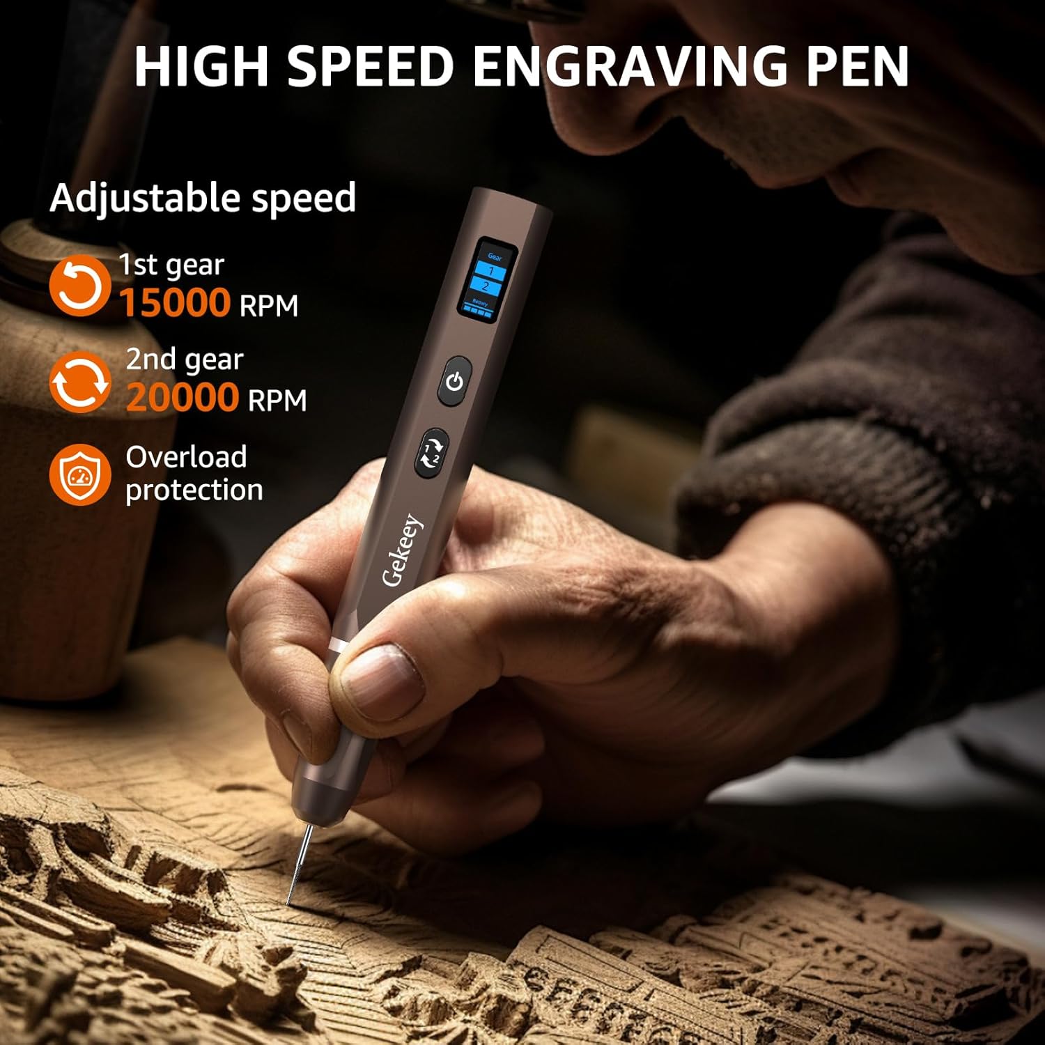 Gekeey Electric Engraving Pen, Cordless Rechargeable Mini Rotary Tool with 42 Bits, Aluminum Body, Variable Speed, Portable Engraver Pen for Metal Wood Glass and Plastic, Brown