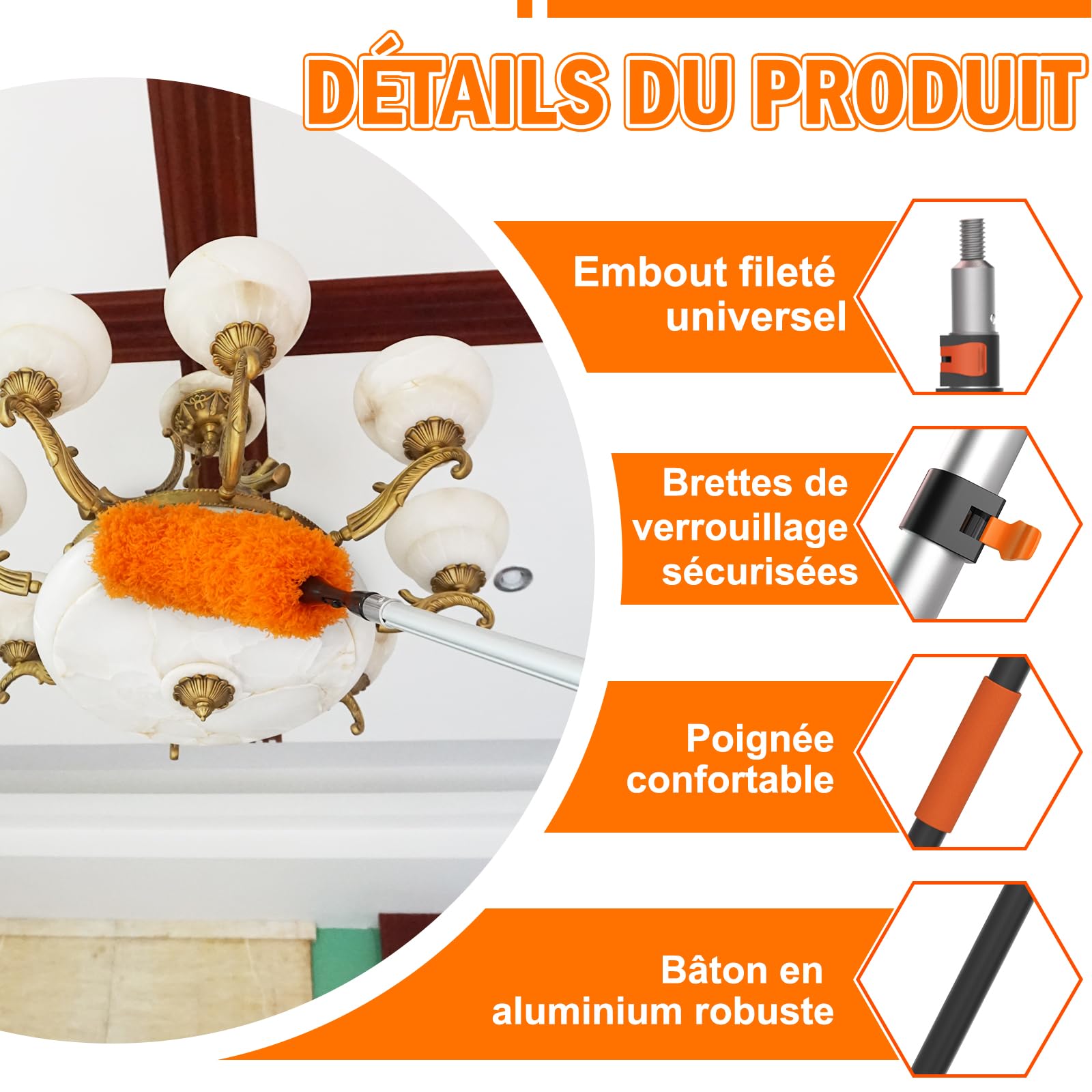 LAANPOLE Plumeau Poussiere avec 6m Perche Telescopique, Tete de Loup de Ventilateur de Plafond, 2-en-1 Raclette Vitre Professionnel