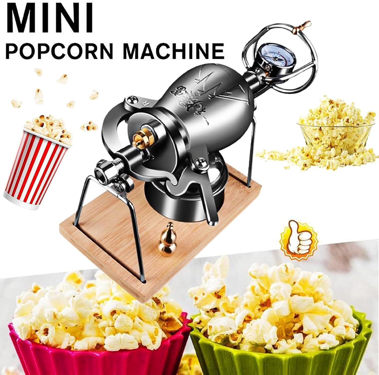 Chinese Popcorn Maker Large Capacity Stainless Steel Popcorn Poppers with Pressure Gauge - DIY Mini Popcorn Machine for Home Popcorn Making