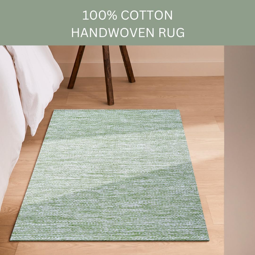 Hand Woven Area Rug 2x3 Feet - Rustic Farmhouse Bohemian Accent Rug for Living Room Bedroom Kitchen Entryway Floor Mats - Ideal for High Traffic Areas 100% Cotton Rag Rug Green