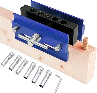 Self Centering Doweling Jig, Doweling Jig Adjustable, Precision Woodworking Tool with Multiple Drill Sizes, High Durability, Blue Aluminum Body Straight Hole Drilling Guide