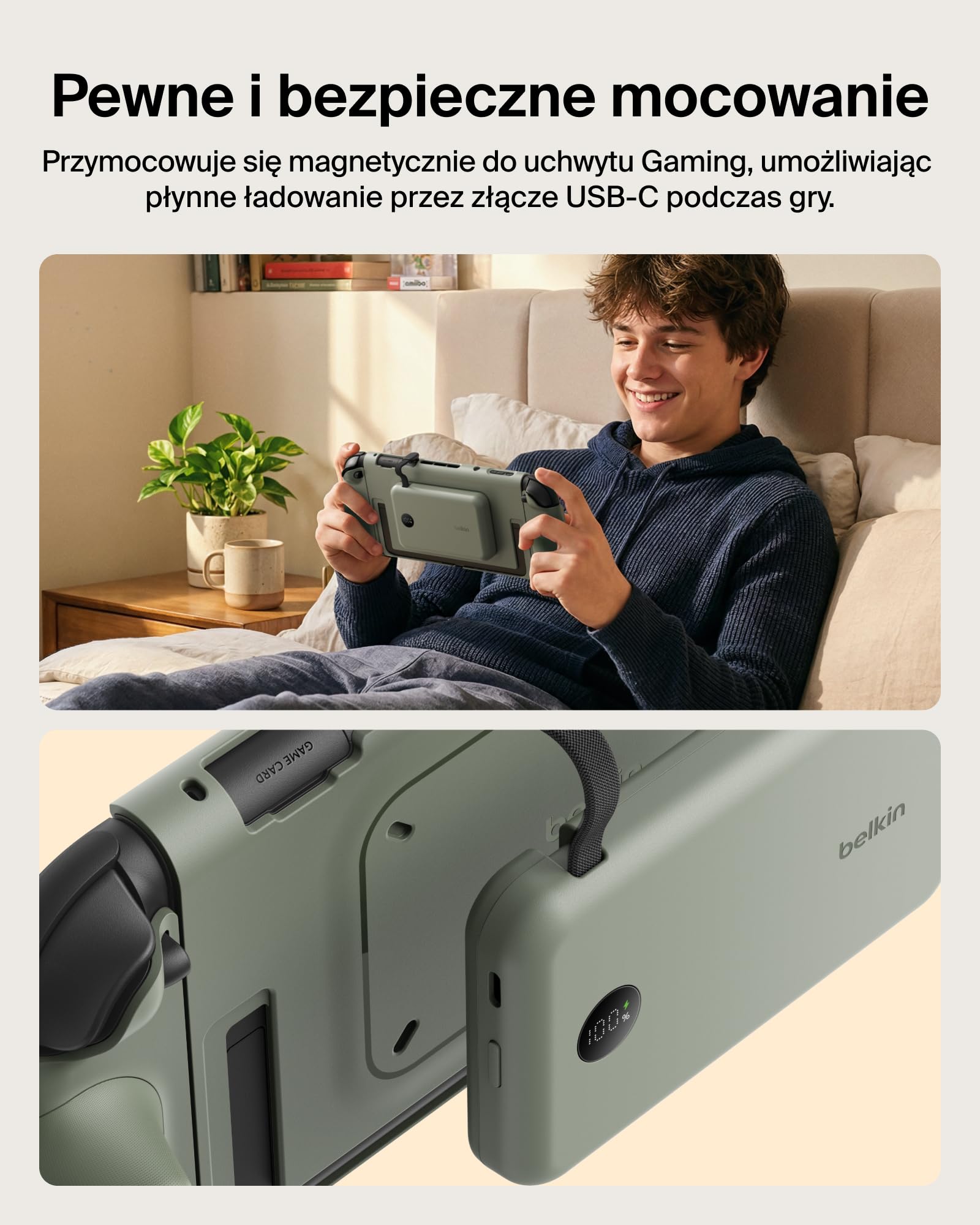 Belkin Gaming Uchwyt Ładujący do Nintendo Switch 2, 10 000 mAh – Zielony | Odłączany Powerbank Magnetyczny 10 000 mAh, 30 W, Zgodny z Podpórką, Ergonomiczny Uchwyt Antypoślizgowy, Wyświetlacz