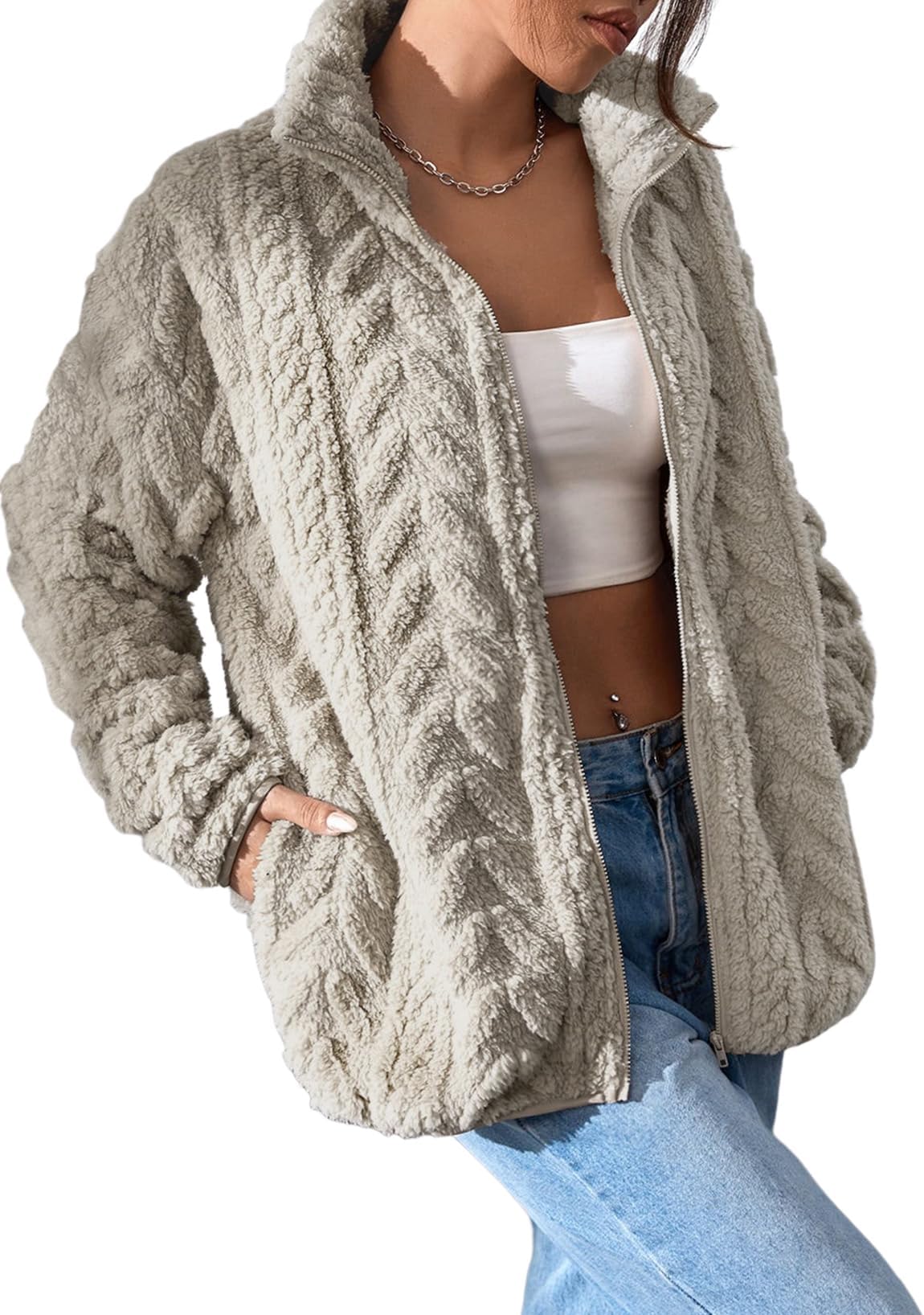 Dokotoo Winter Fleece Jacket for Women Zipper Up Zip Up Stand Collar with Pockets Coats