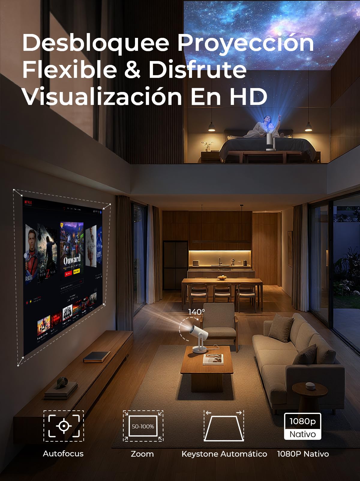 ETOE Mini Proyector con Google TV y Netflix Oficiales, Proyección Cielo Estrellado, Autofocus/Keystone, 1080P Nativo, Giratorio 140°, Control por Voz, Diseño Sellado, Proyector 4K para Dormitorio