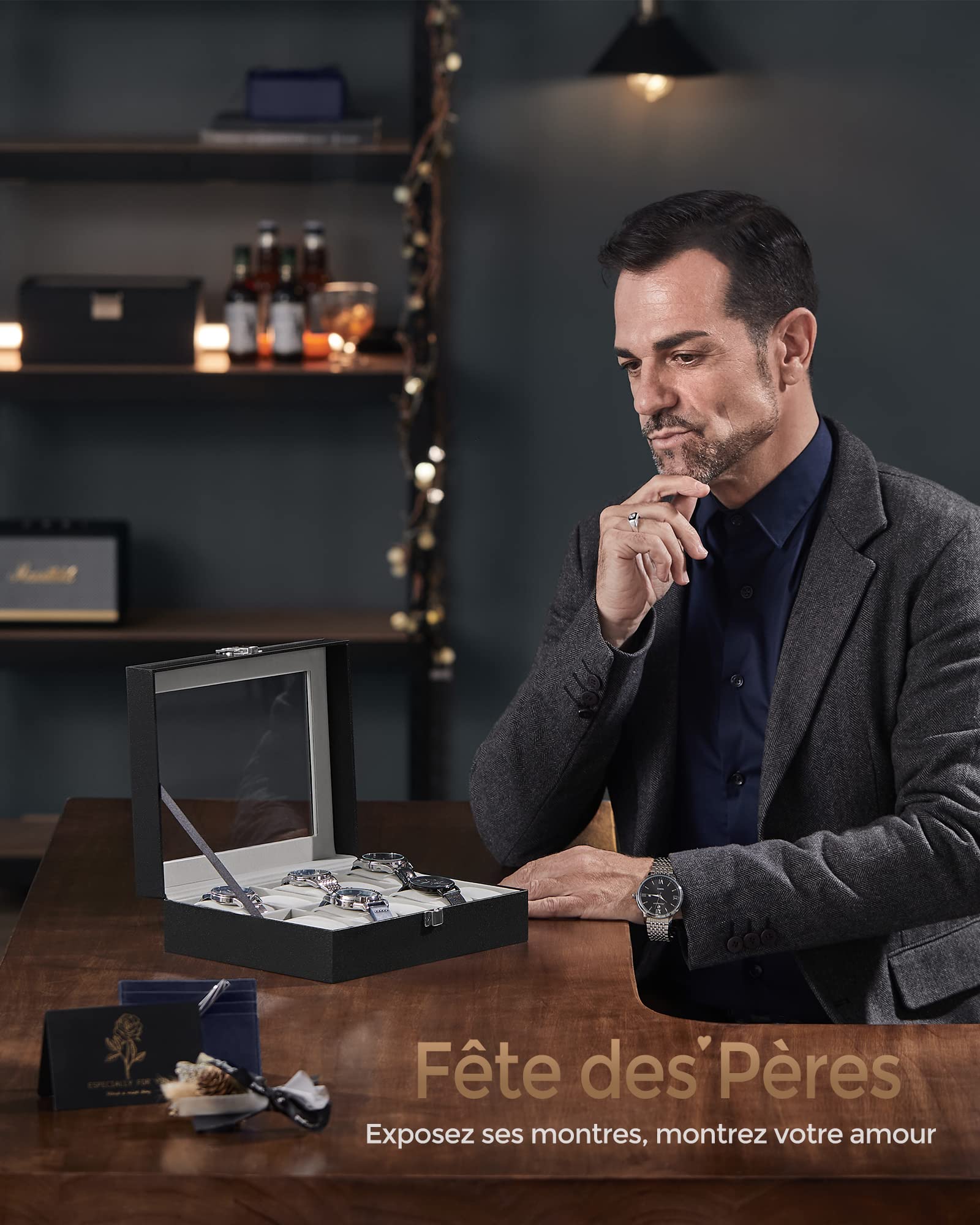 SONGMICS Boîte à Montres à 10 Emplacements, Coffret à Montres, Écrin, Couvercle en Verre, Coussinets Amovibles, Serrure en Métal, Revêtement en Noir et Doublure en Gris Verdâtre JWB010BK