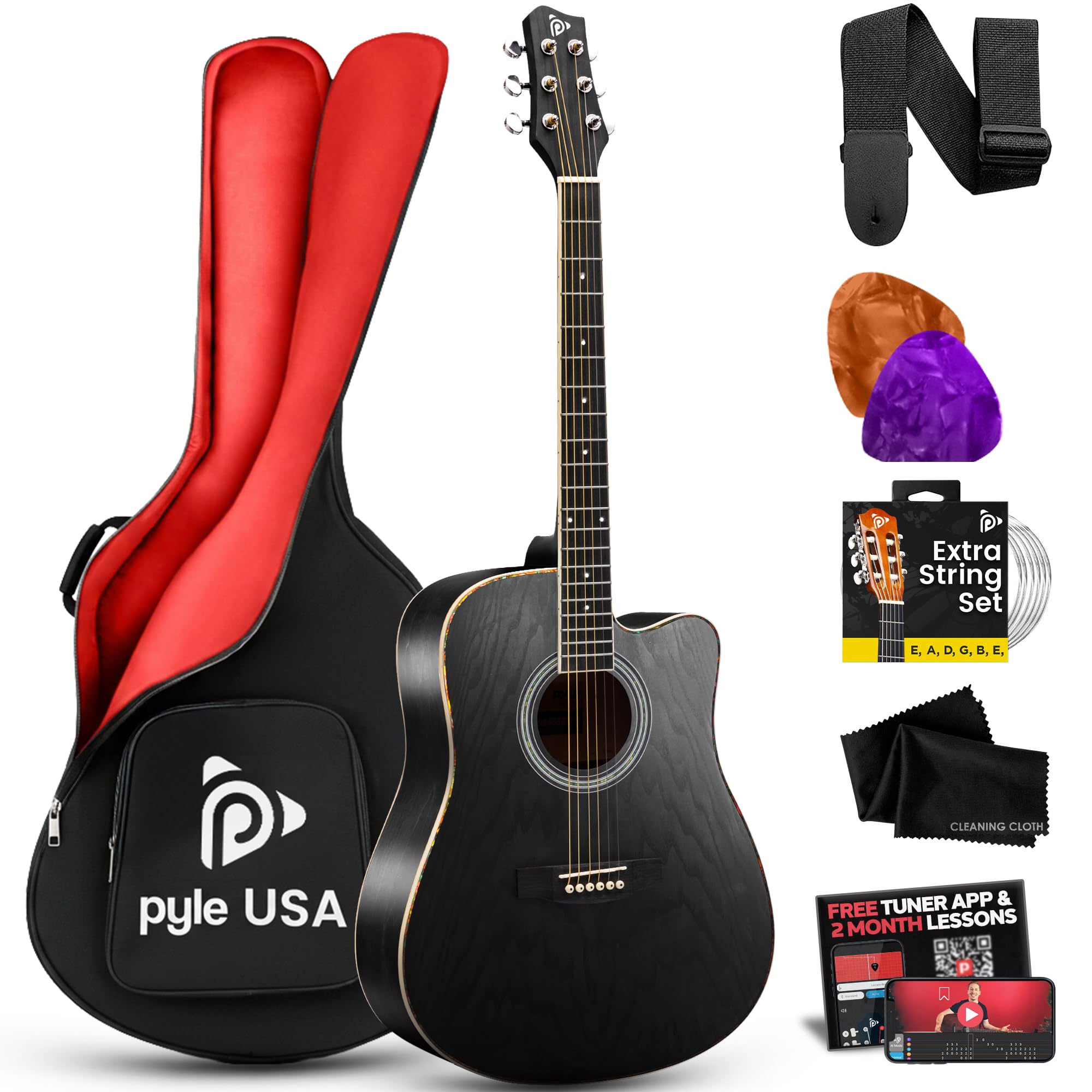 Pyle Steel String Acoustic Guitar Kit, 41" Full Size Cutaway with Ashtree Top, Open Pore Finish, Premium Accessory Set with Armored Gig Bag, Black Matte