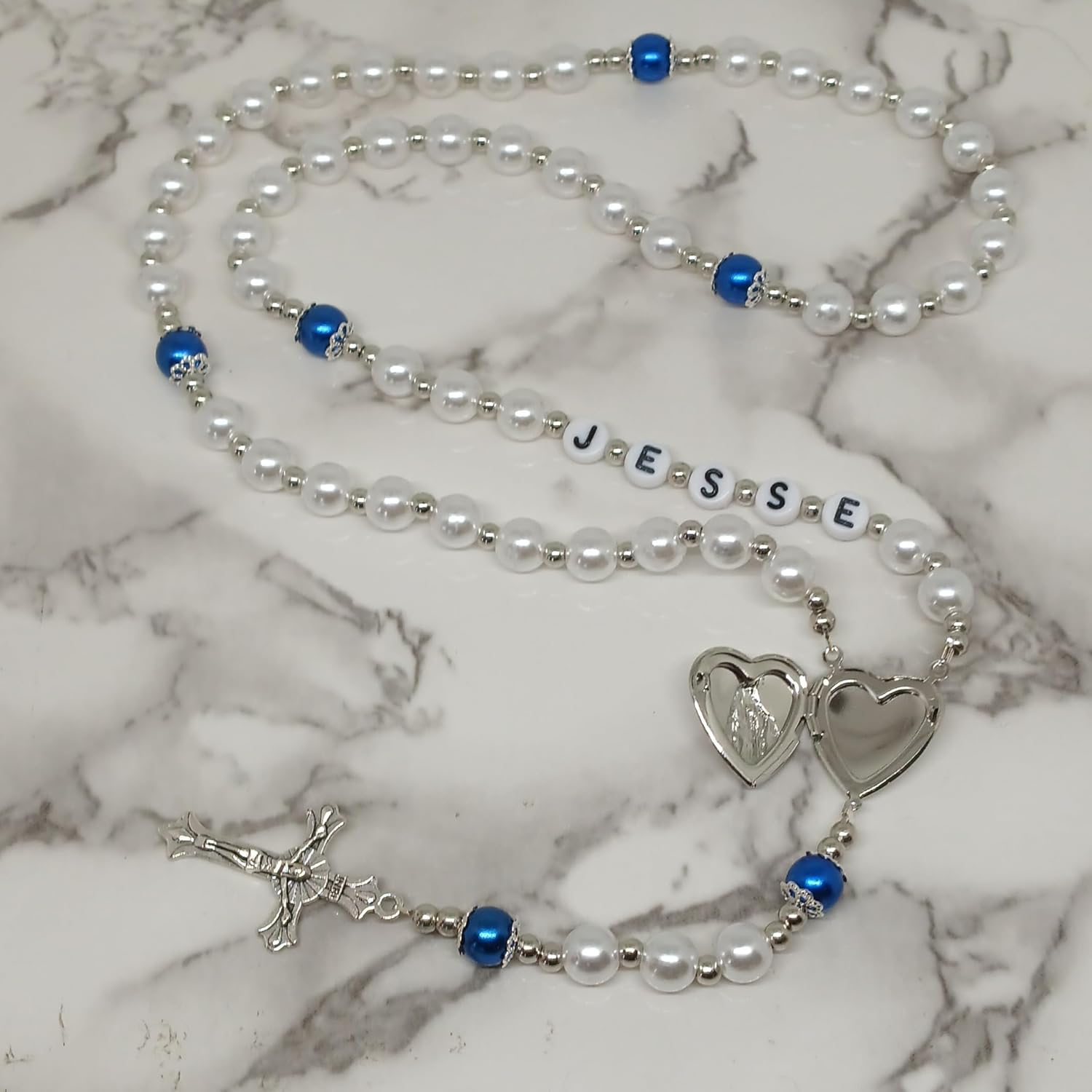 Personalized Rosary with Name and locket for pictures Prayer Beads Crucifix * Meditation * Cross * Baptism * Christening * First Communion - White beads with the accent color of your choice
