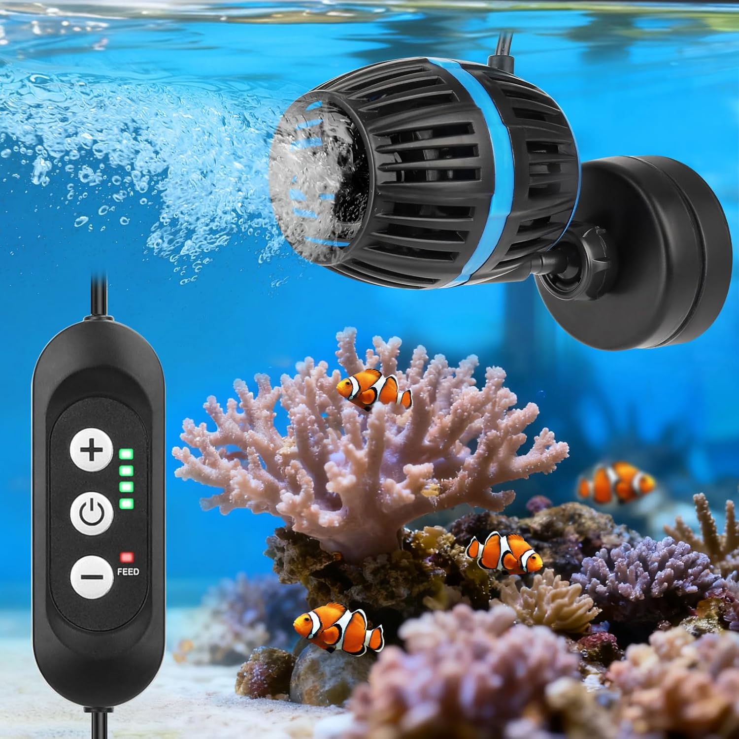 AQQA Magnetic Wave Maker for Aquarium - DC 12V Circulation Pump with External Controller, 4-Speed Adjustable Flow & Feeding Mode, Submersible Powerhead for Freshwater Saltwater Tanks (12W 1320GPH)