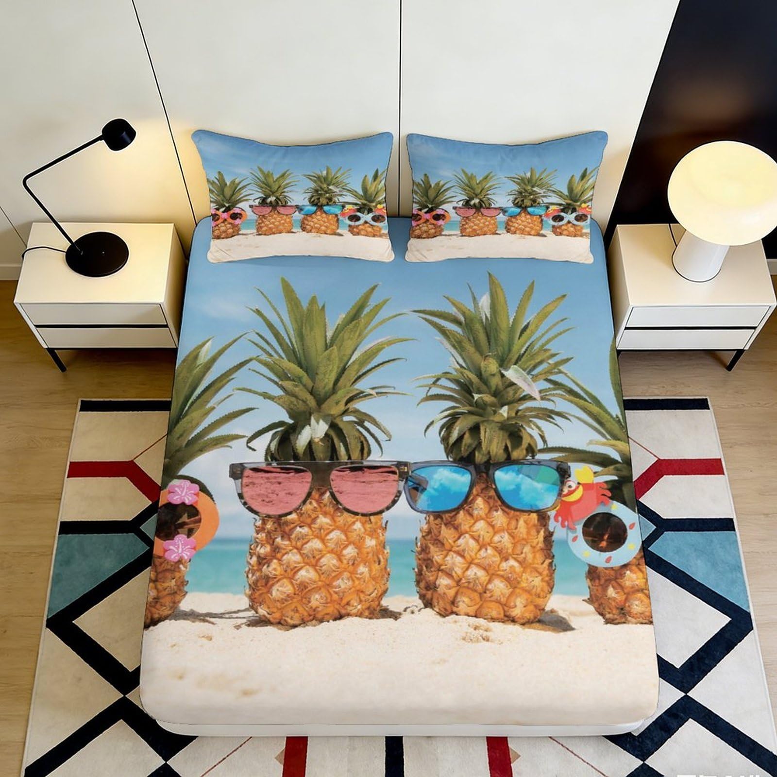 3D Printed Pineapple Beach Fitted Sheet Microfiber Soft Breathable Sunglasses Bed Cover for Bedroom Guest Room Decor 90x200x25cm