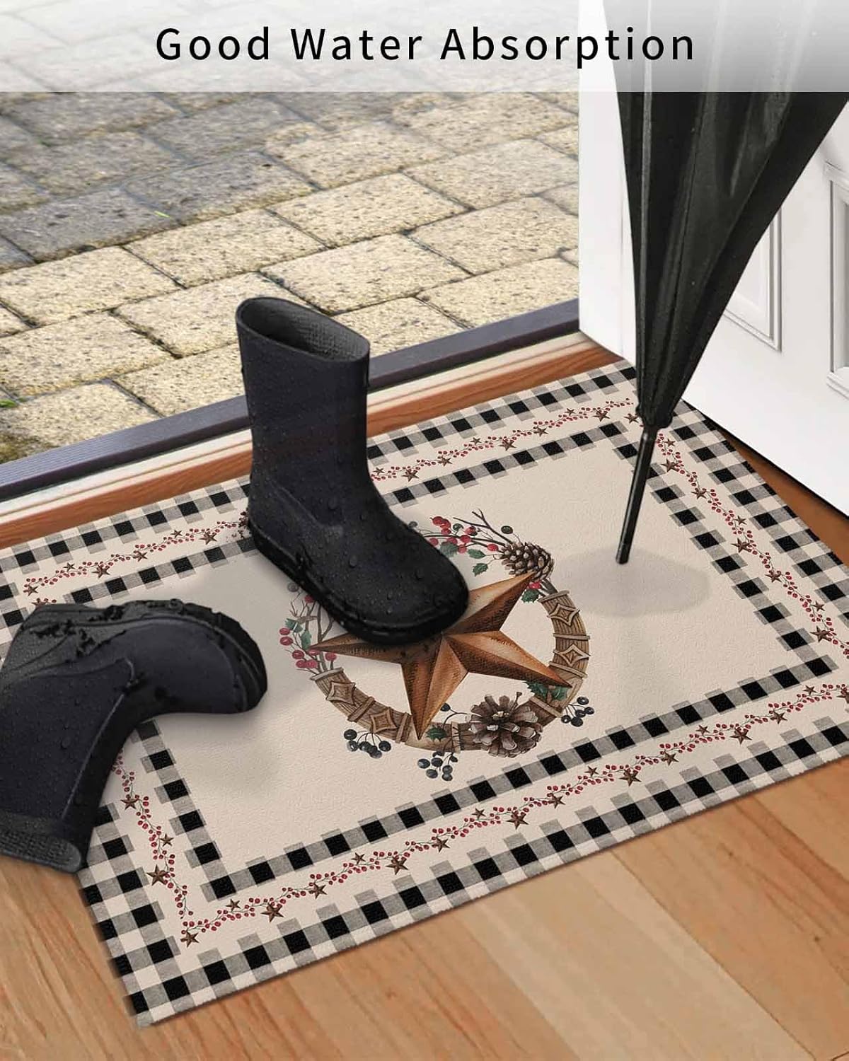 Front Door Mat, Non - Slip Absorbent Door Entry Mats, Doormats Indoor/Outdoor Entrance Small Rugs, Western Texas Star and Primitive Berries Country Farm Style Doormat - Floor Mats for Home 24x36 Inch
