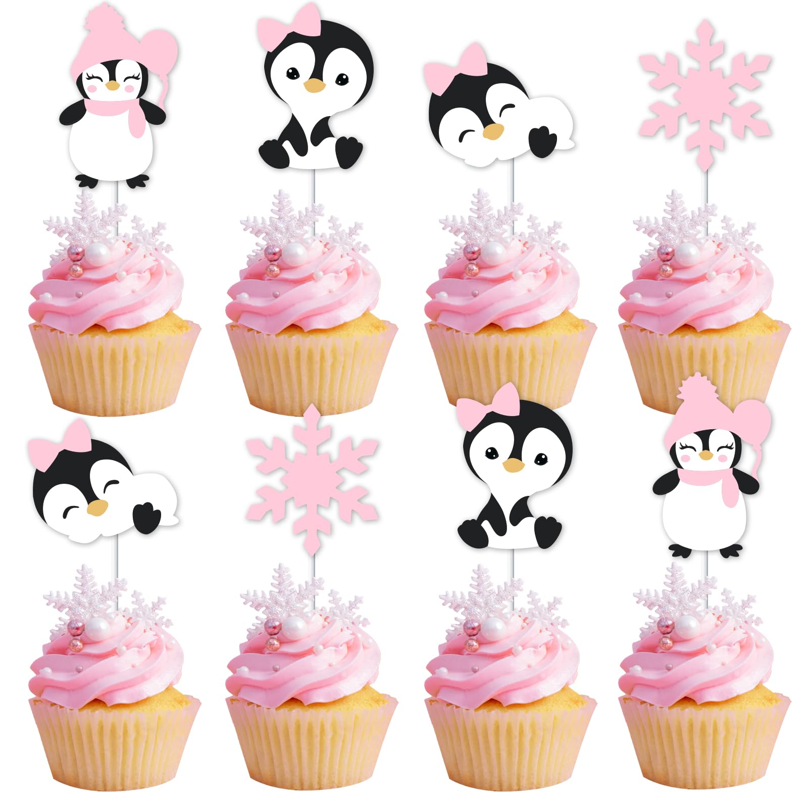 Kreatwow Winter Penguin Party Decoration for Girls 24 PCS Penguin Cake Toppers Pink Penguin Birthday Decors Penguin Baby Shower Decor Winter Onederland Supplies Arctic Animal Birthday Party Supplies