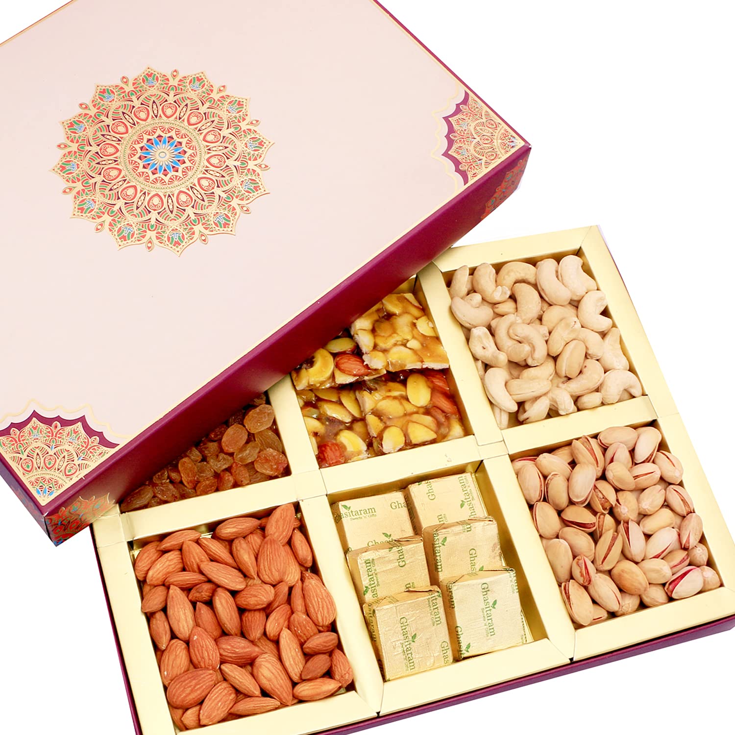 Ghasitaram GiftsFusion 6 Part Dry Fruits, Chocolates and Dry Fruit Chikki Box Hamper |Gift for Diwali,Holi,Rakhi,Valentine,Christmas,Birthday,Anniversary,Gift for Her,Him,Mothers Day,Fathers Day|-image-5