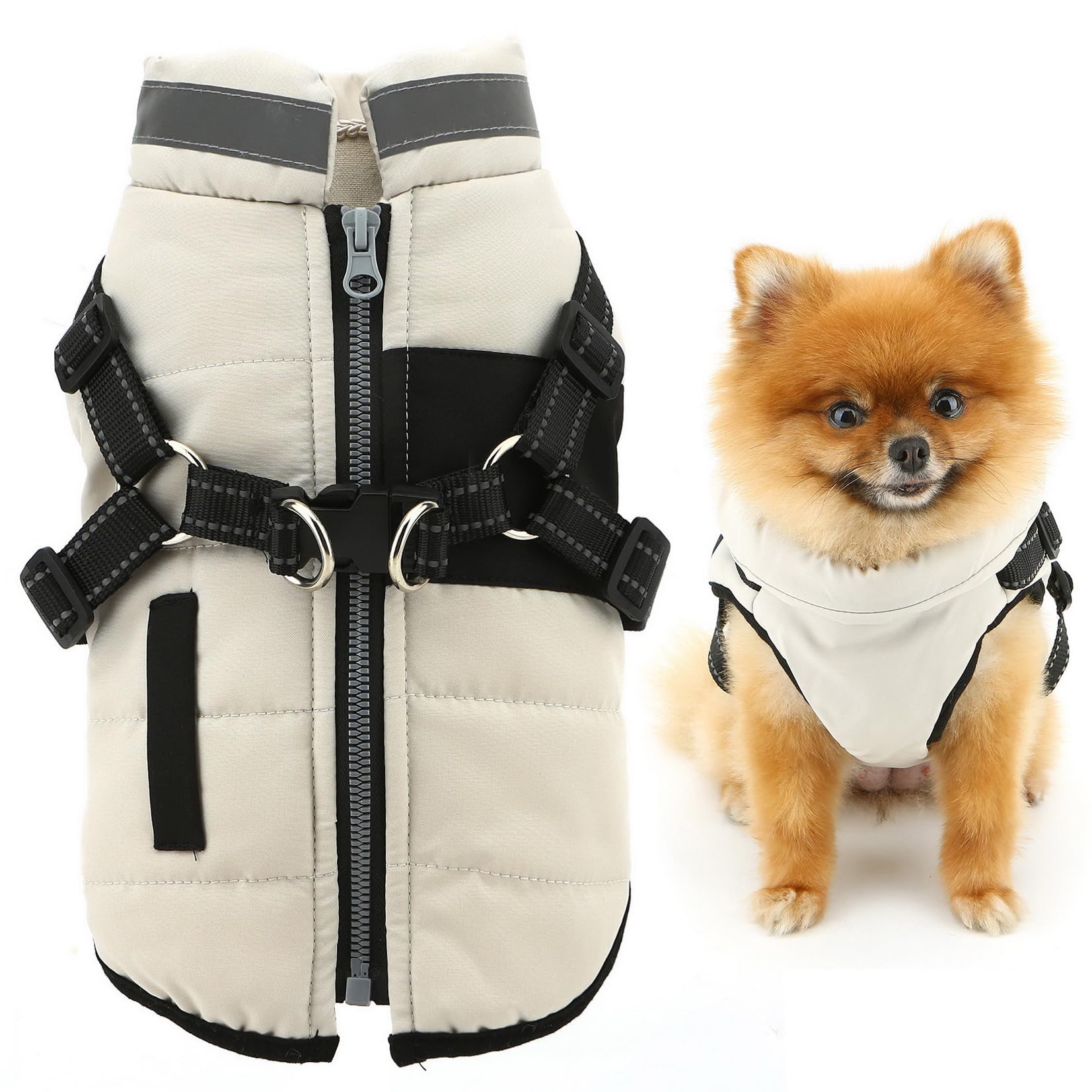 SMALLLEE_LUCKY_STORE Fleece Lined Pet Coat Sport Winter Jacket Vest with Harness D-ring for Small Dog Cat Reflective Zip-up Puppy Padded Chihuahua Yorkie Warm Clothes, Cream, XS — image 1